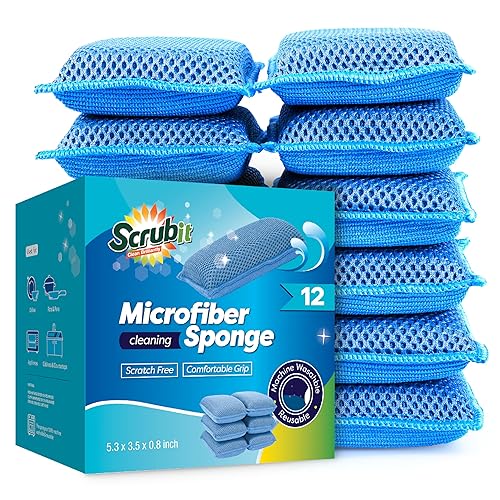 SCRUBIT Reusable Sponges for Dishes - 12 Pack Microfiber Sponges Kitchen Dish Scrubber, Machine Washable & Non-Scratch Scrubbers (Blue)