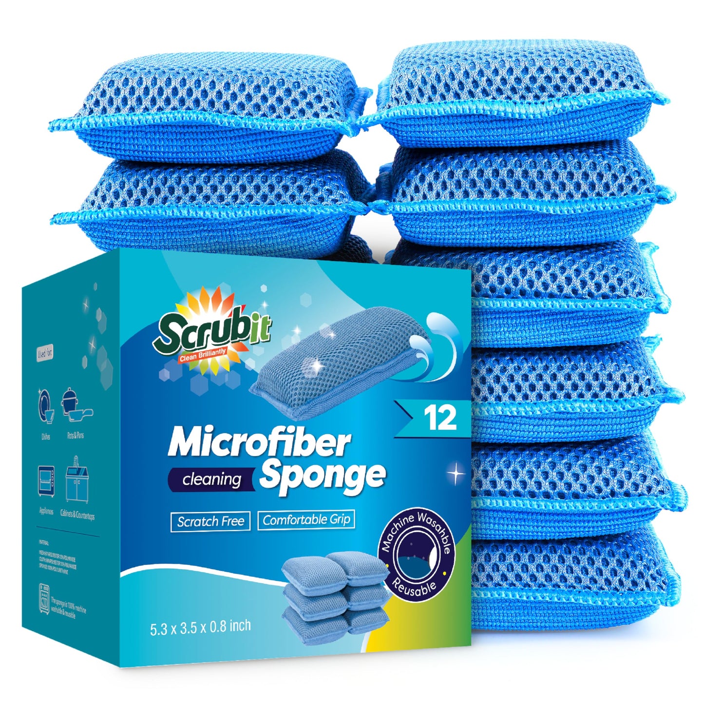 SCRUBIT Reusable Sponges for Dishes - 12 Pack Microfiber Sponges Kitchen Dish Scrubber, Machine Washable & Non-Scratch Scrubbers (Blue)