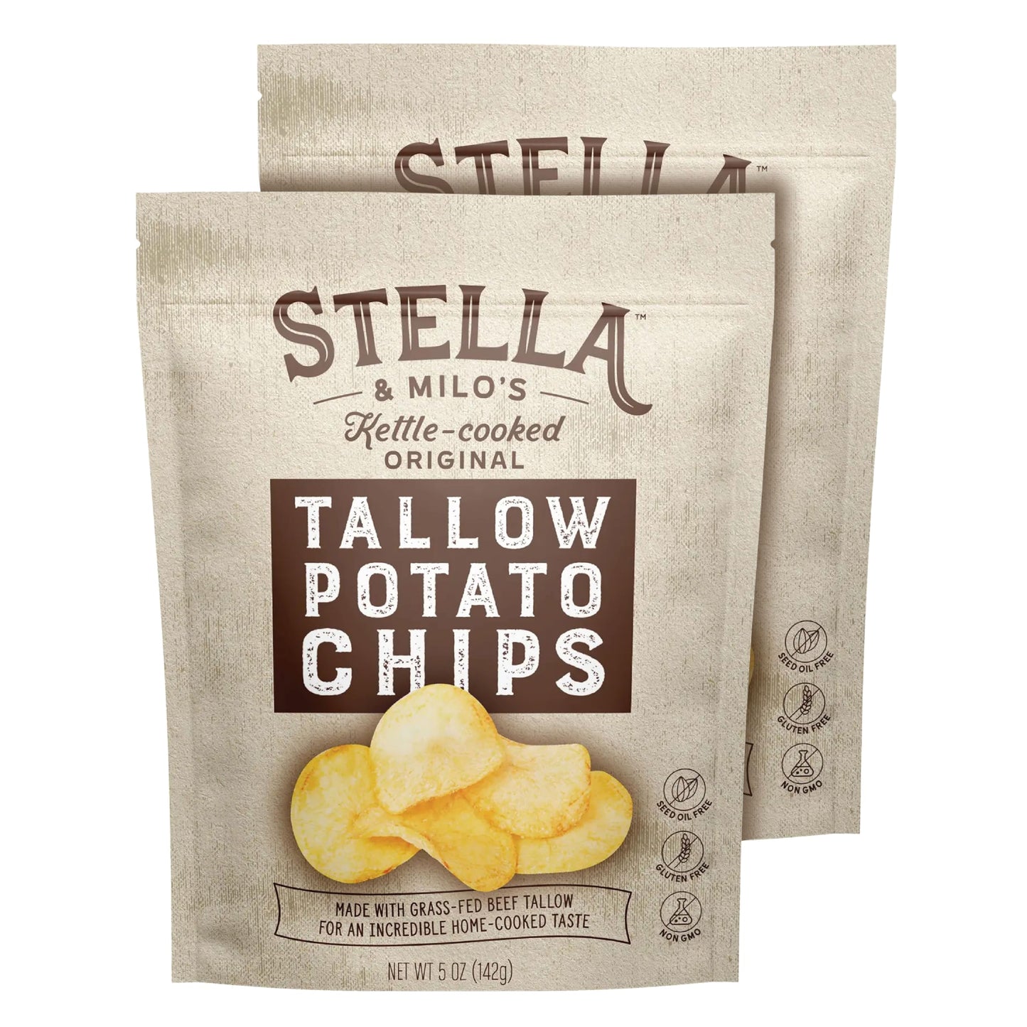 Stella & Milo's Kettle Cooked Beef Tallow Potato Chips, Seed Oil Free Chips Made with Grass Fed Beef Tallow, Original Flavor, 5 oz 2-pack