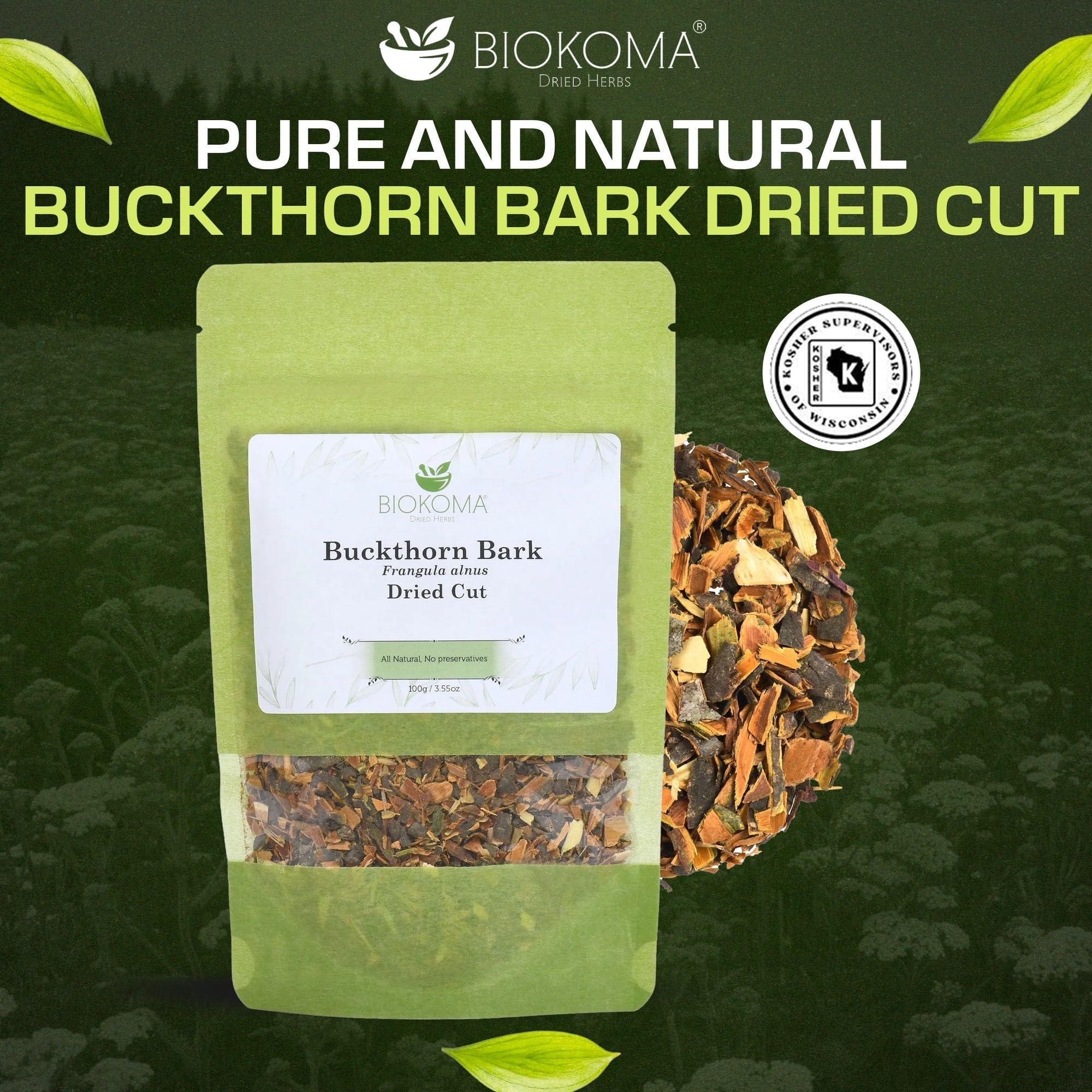 Biokoma Buckthorn Bark Dried Cut 3.55 oz Premium Pure Frangula Alnus Herb Loose Herbal Tea Digestive Support Gentle Colon Cleanse Caffeine-Free