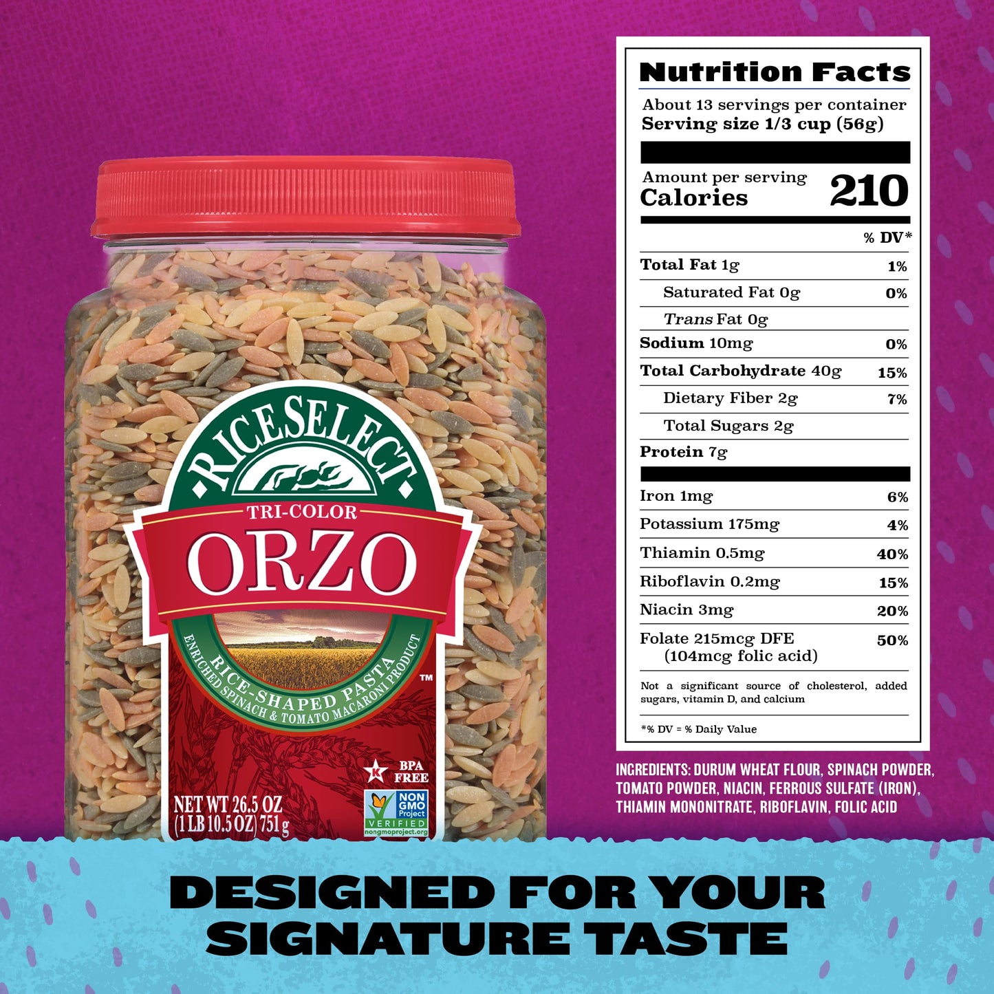 RiceSelect Tri-Color Orzo Rice-Shaped Pasta, Premium Spinach- and Tomato-Flavored Non-GMO Orzo Pasta, 26.5-Ounce Jar
