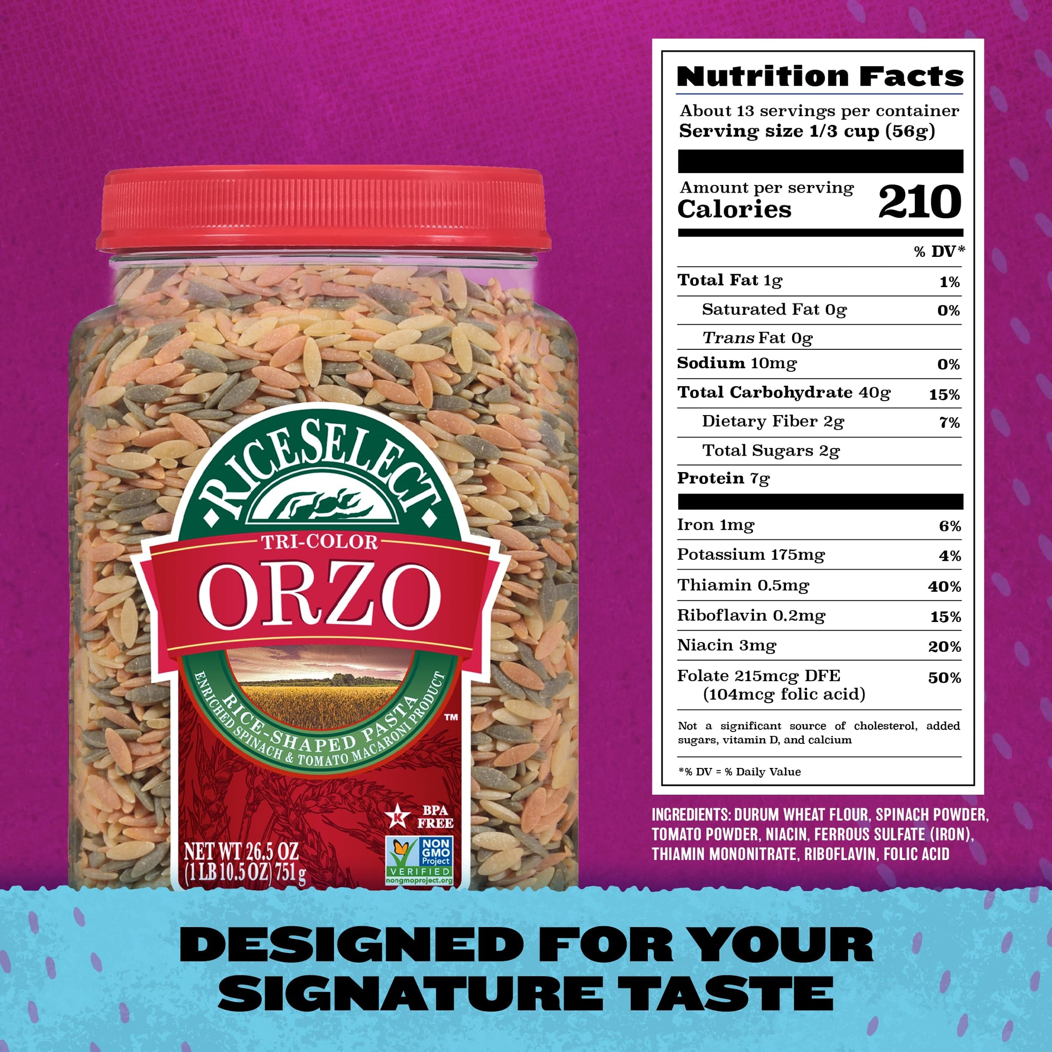 RiceSelect Tri-Color Orzo Rice-Shaped Pasta, Premium Spinach- and Tomato-Flavored Non-GMO Orzo Pasta, 26.5-Ounce Jar