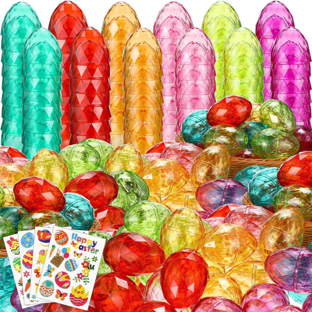 Fumete Large Diamond Easter Eggs with Stickers 3 Inch Fillable Plastic Pastel Eggs Translucent Colorful Eggs Bulk for Filling Treats Basket Stuffer
