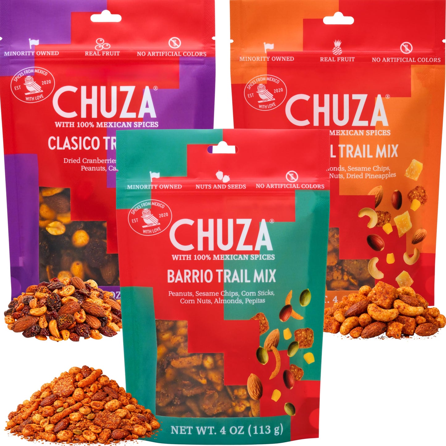 CHUZA Spicy Trail Mix Variety Pack (Barrio + Tropical + Clasico, 4 oz. Pack of 3) - Mexican Snacks Style Sweet Chili Nuts & Dried Fruit, Spicy Nuts