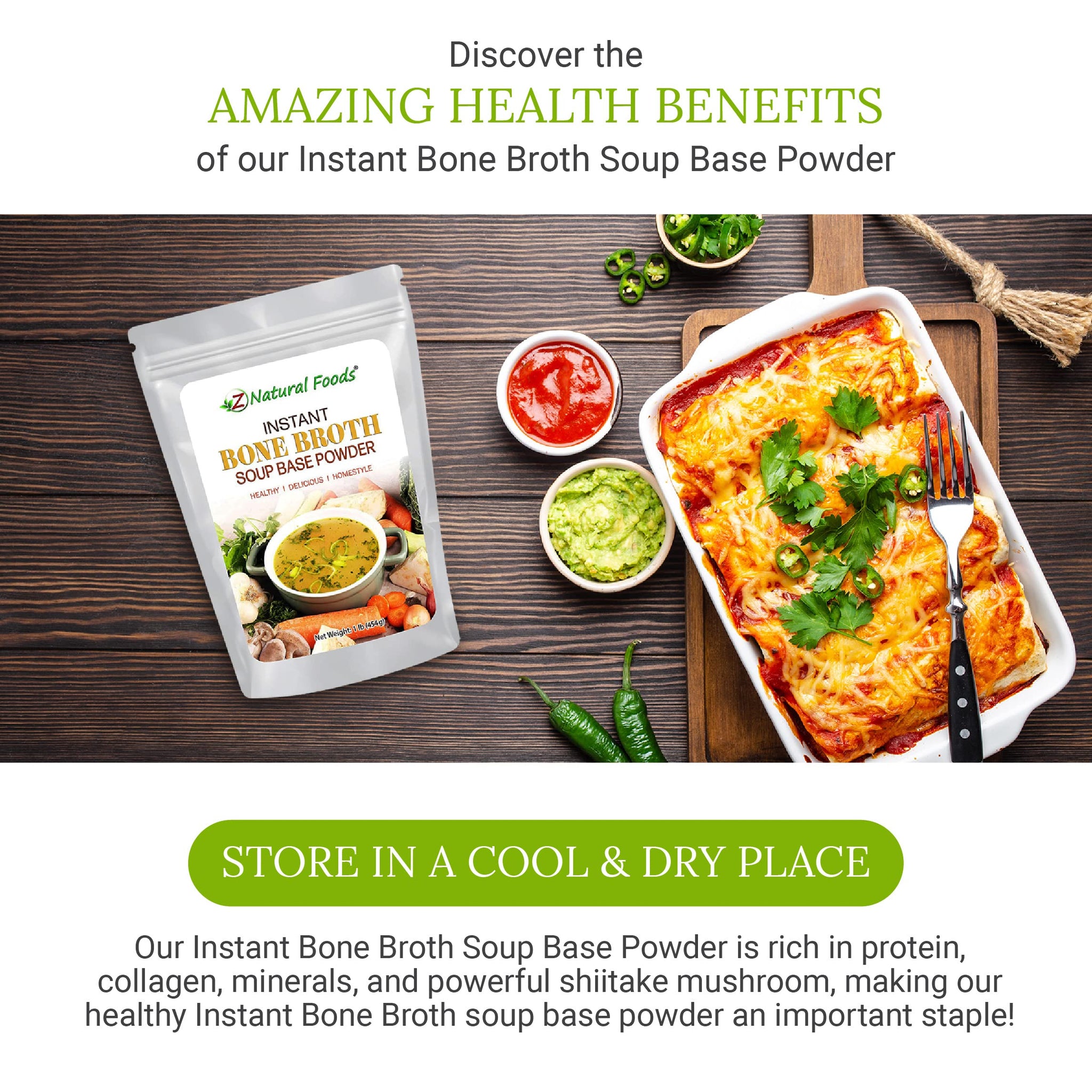 Instant Bone Broth Soup Powder - Rich Umami Flavor packed with Collagen, Keto and Paleo Friendly - 1 lb