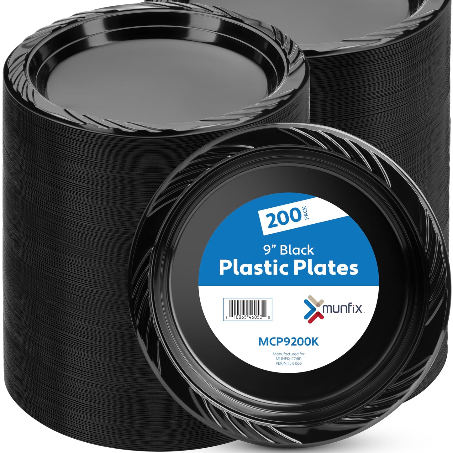 Munfix 200 Black Plastic Plates Set - 9 Inch Disposable Dinner Plates Bulk Pack for Party BBQ, Picnic, Parties, Travel and Events, Microwavable