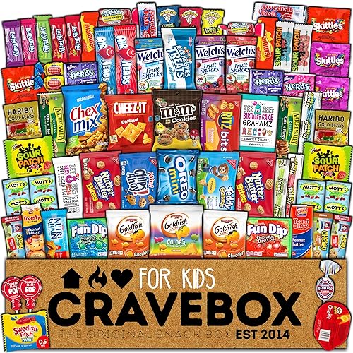 CRAVEBOX Kids Snack Box (55 count) Fun Variety Snacks Pack Care Package - College Back to School, Graduation
