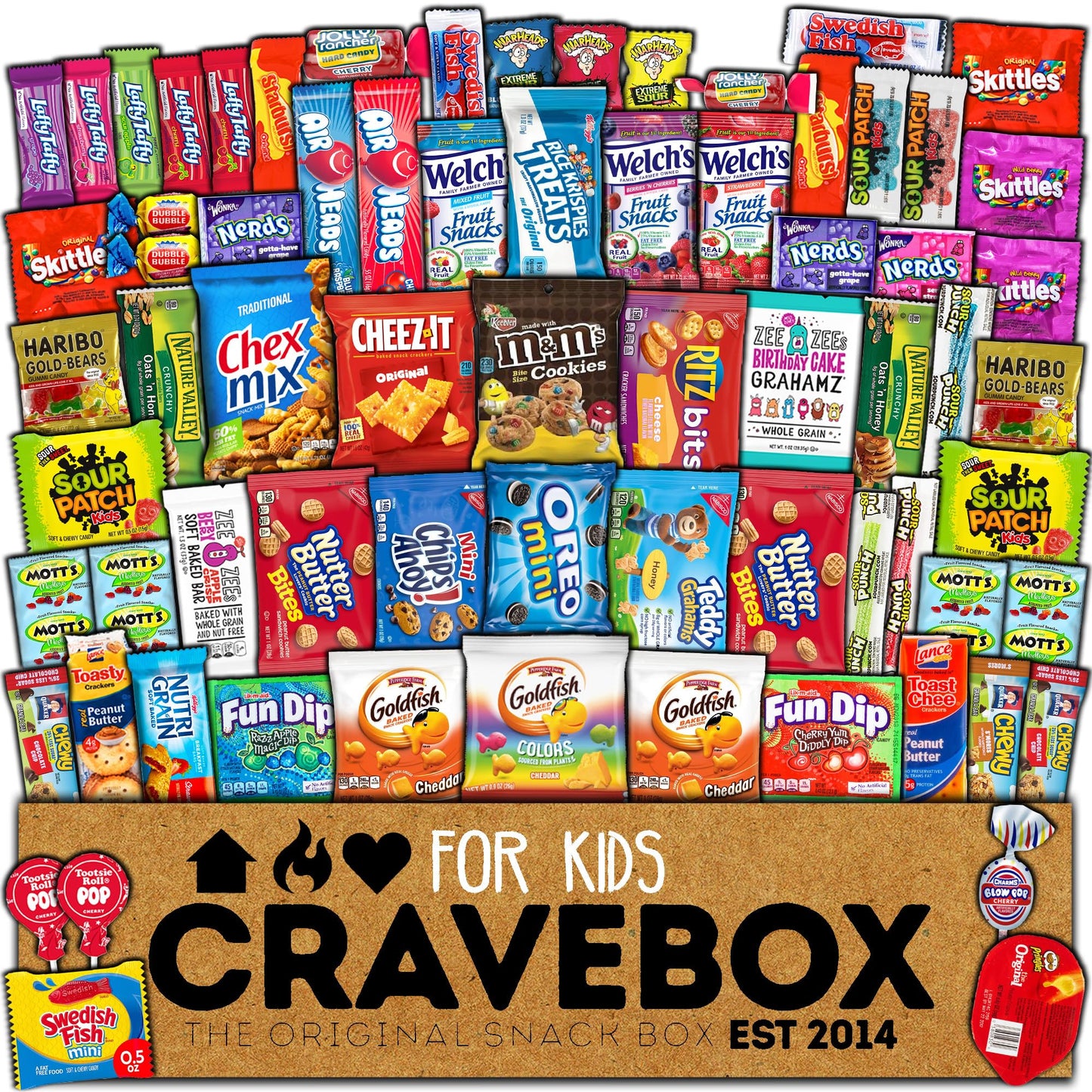 CRAVEBOX Kids Snack Box (55 count) Fun Variety Snacks Pack Care Package - College Back to School, Graduation
