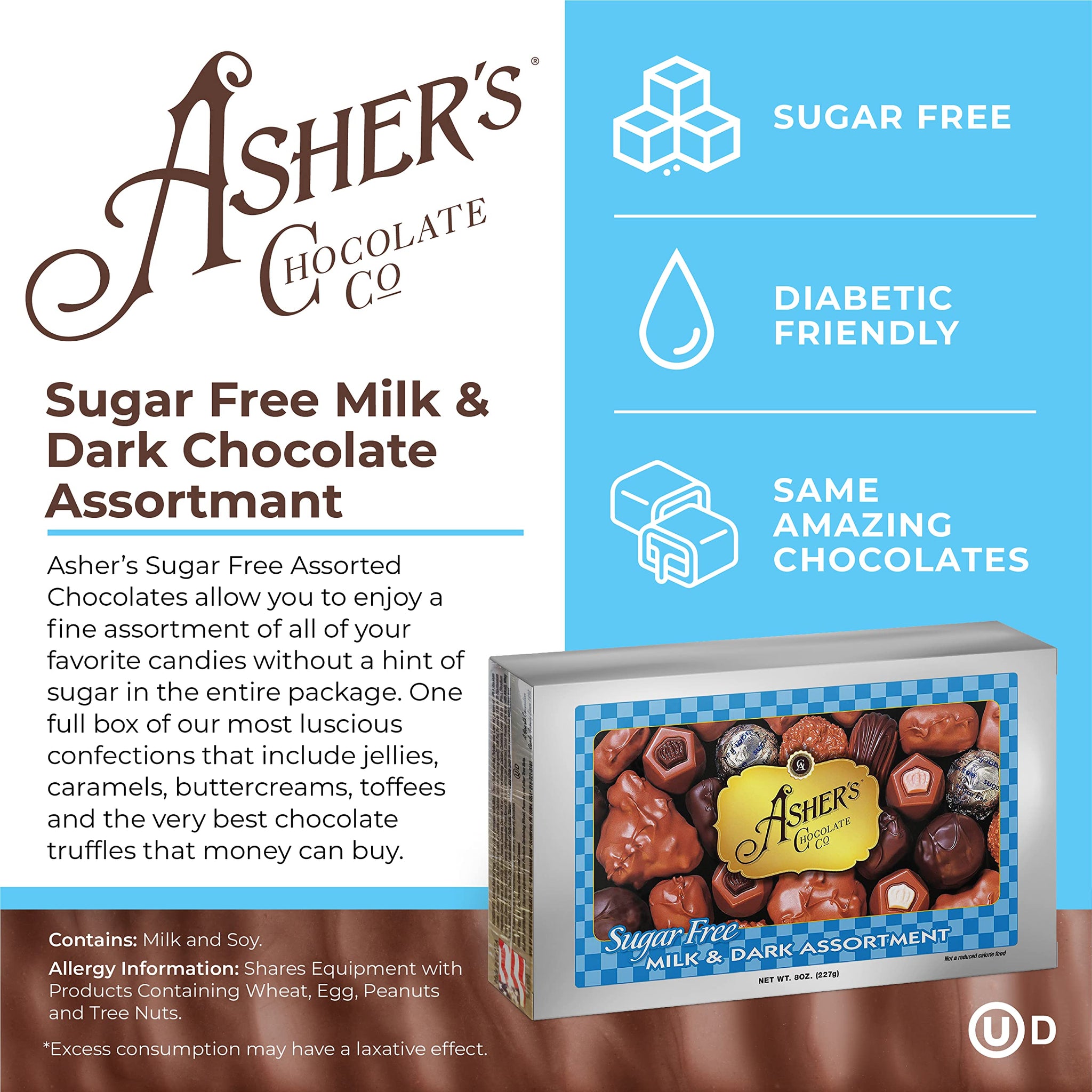 Asher's Sugar Free Chocolate Candy Assortment - Kosher, Milk & Dark Chocolates (15 pieces, 8 oz.)