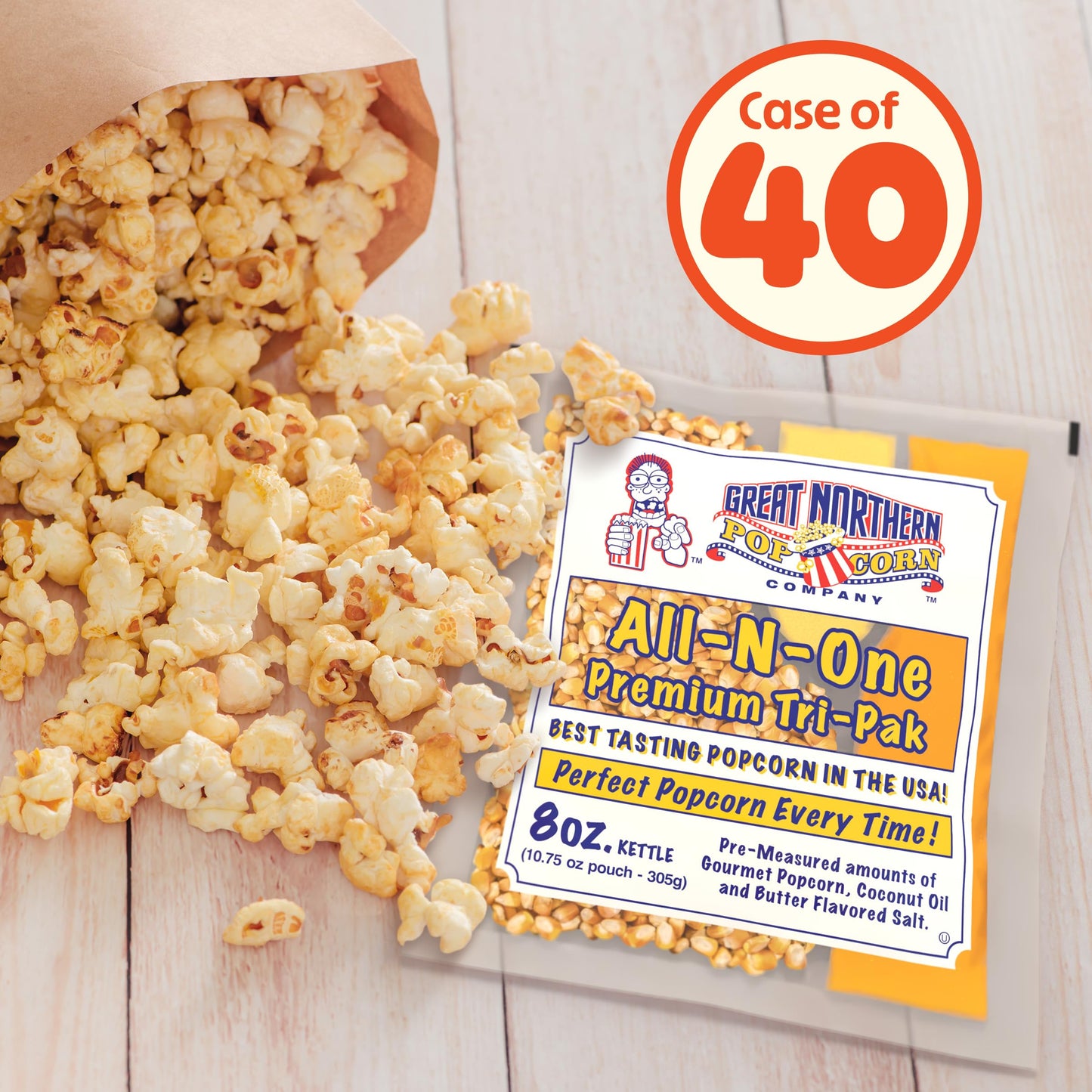 Movie Theater Style 40-Count Popcorn Packs - Pre-Measured 8-Ounce All-in-One Kernel, Salt, Oil Packets for Popping Machines by Great Northern Popcorn