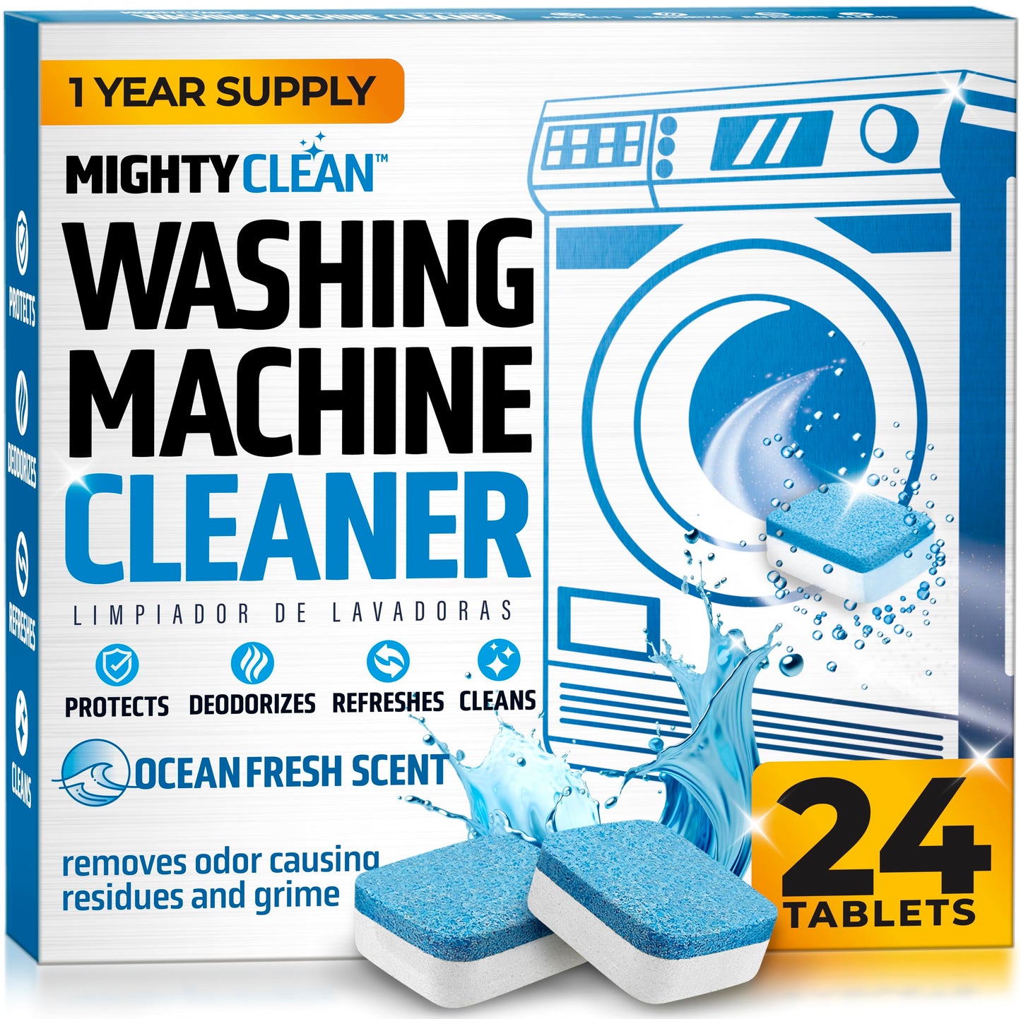 MIGHTY CLEAN Washing Machine Cleaner Tablets 24 Pack - 1 Year Supply, Septic Safe Washing Machine Cleaning Tablets, Washer Cleaner Tablet, Works