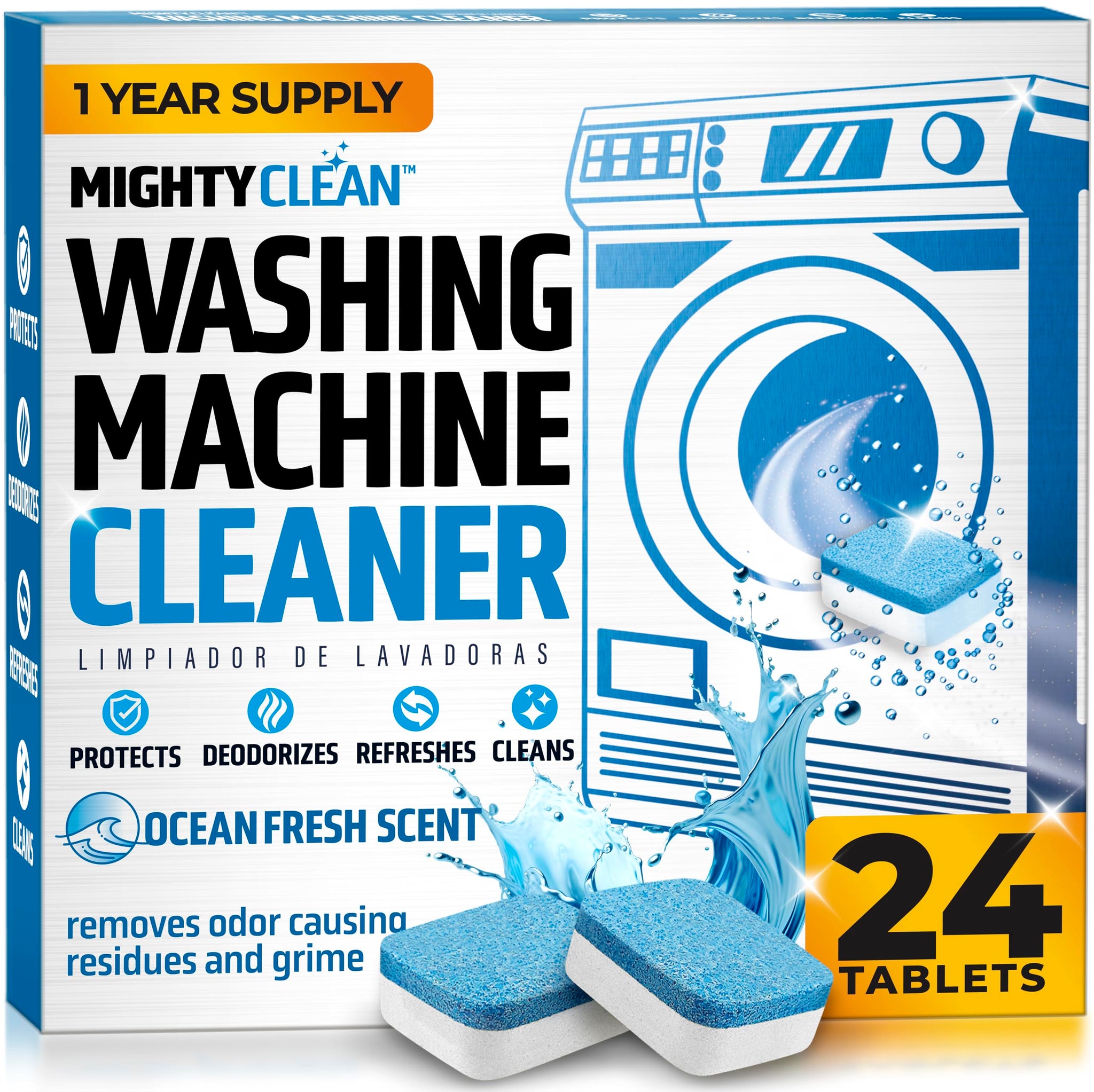 MIGHTY CLEAN Washing Machine Cleaner Tablets 24 Pack - 1 Year Supply, Septic Safe Washing Machine Cleaning Tablets, Washer Cleaner Tablet, Works