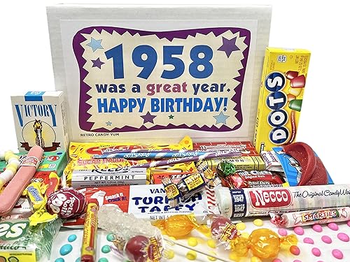 RETRO CANDY YUM ~ 1958 68th Birthday Gift Box Nostalgic Candy Mix from Childhood for 68 Year Old Man or Woman Born 1958 Jr