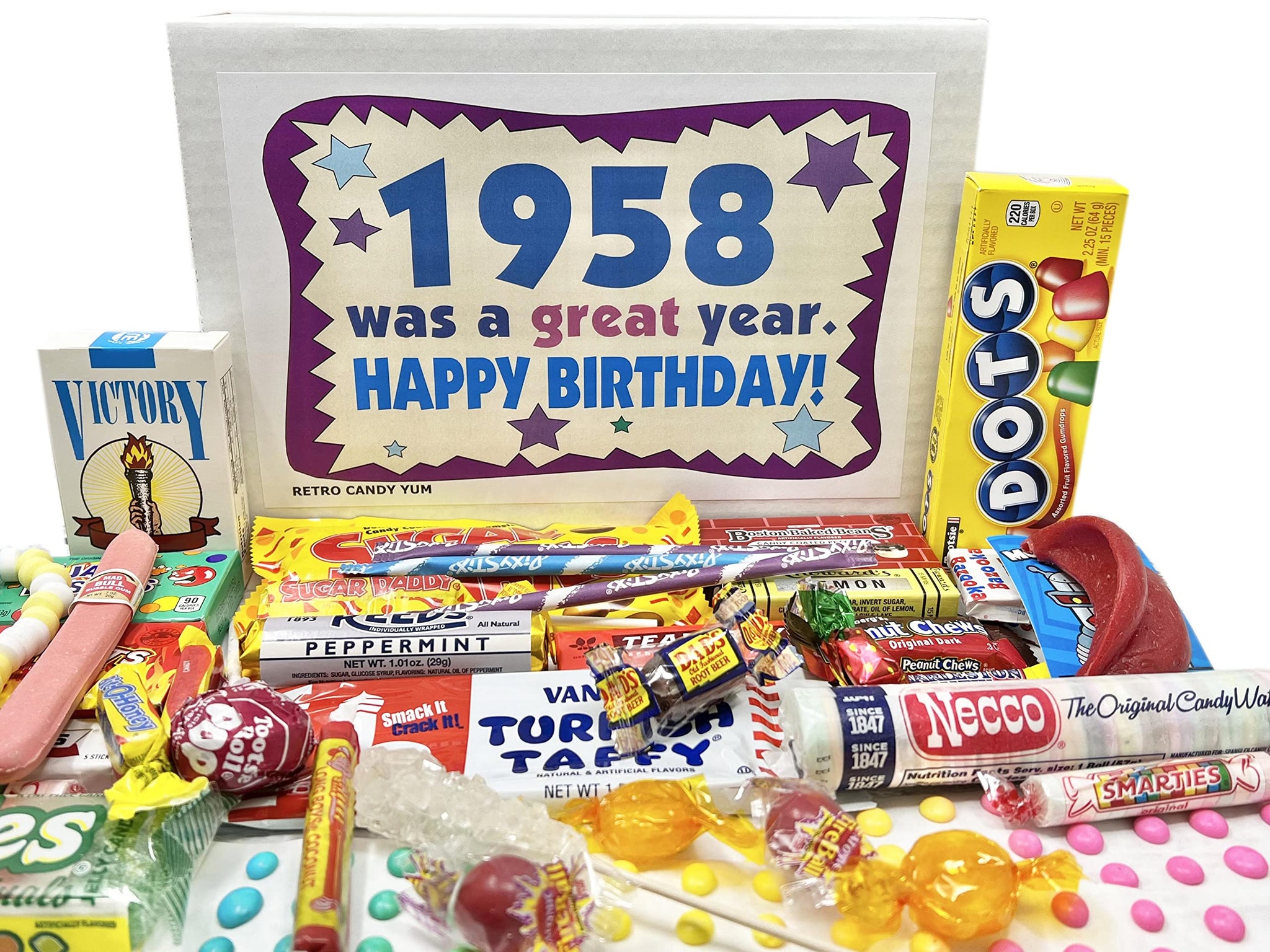 RETRO CANDY YUM ~ 1958 68th Birthday Gift Box Nostalgic Candy Mix from Childhood for 68 Year Old Man or Woman Born 1958 Jr