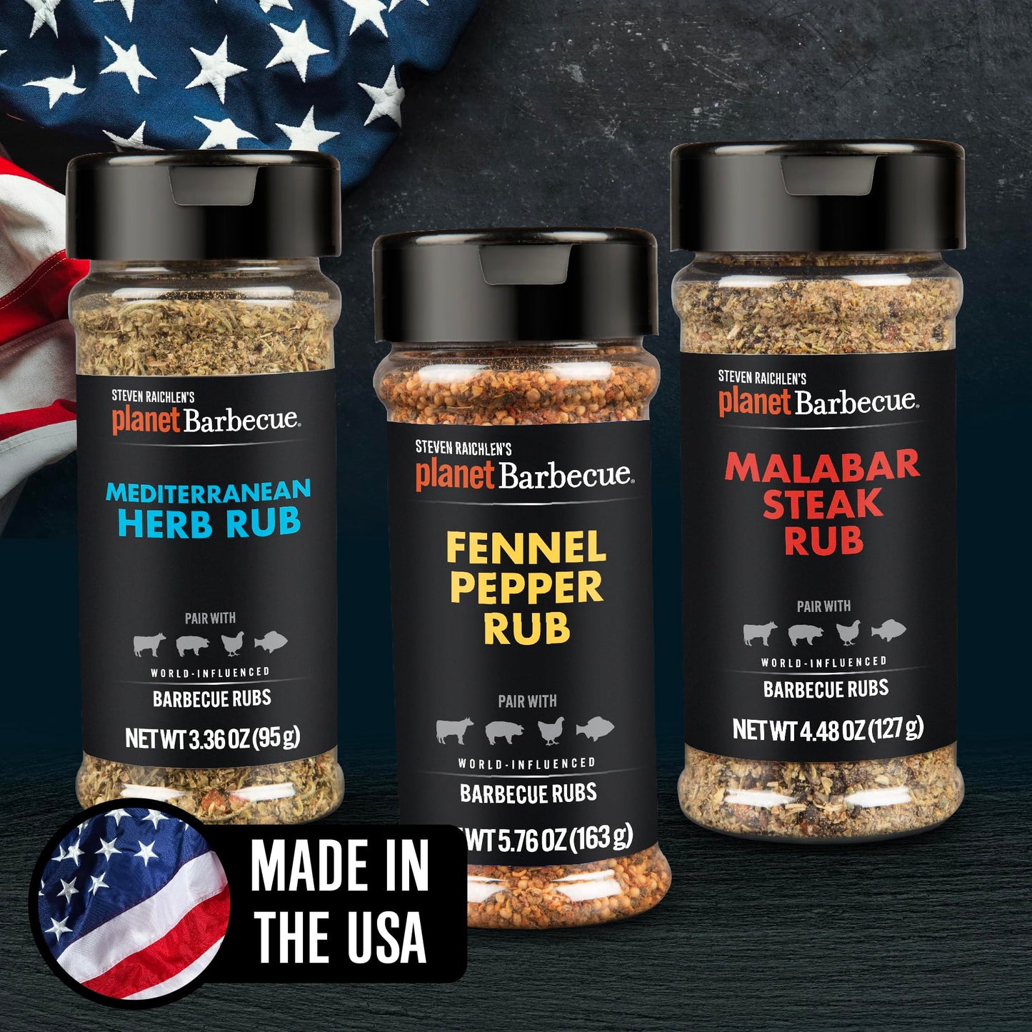 Steven Raichlen's Planet Barbecue Gourmet BBQ Rubs & Spices Gift Box 3 Pack- Grill Seasonings Set with International Flavors- Summer Cookout Essential
