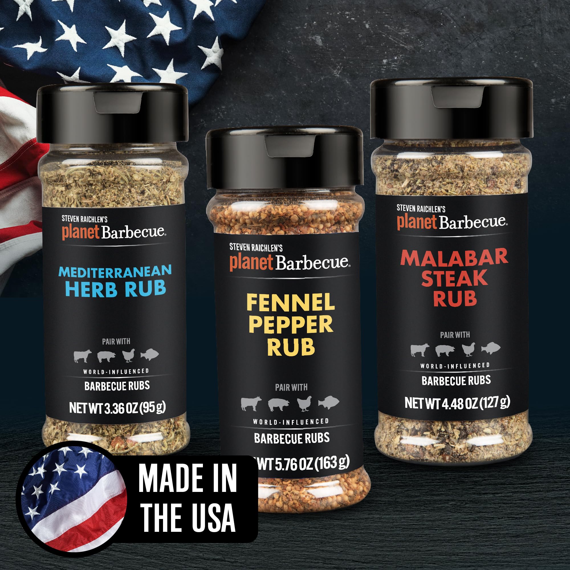 Steven Raichlen's Planet Barbecue Gourmet BBQ Rubs & Spices Gift Box 3 Pack- Grill Seasonings Set with International Flavors- Summer Cookout Essential