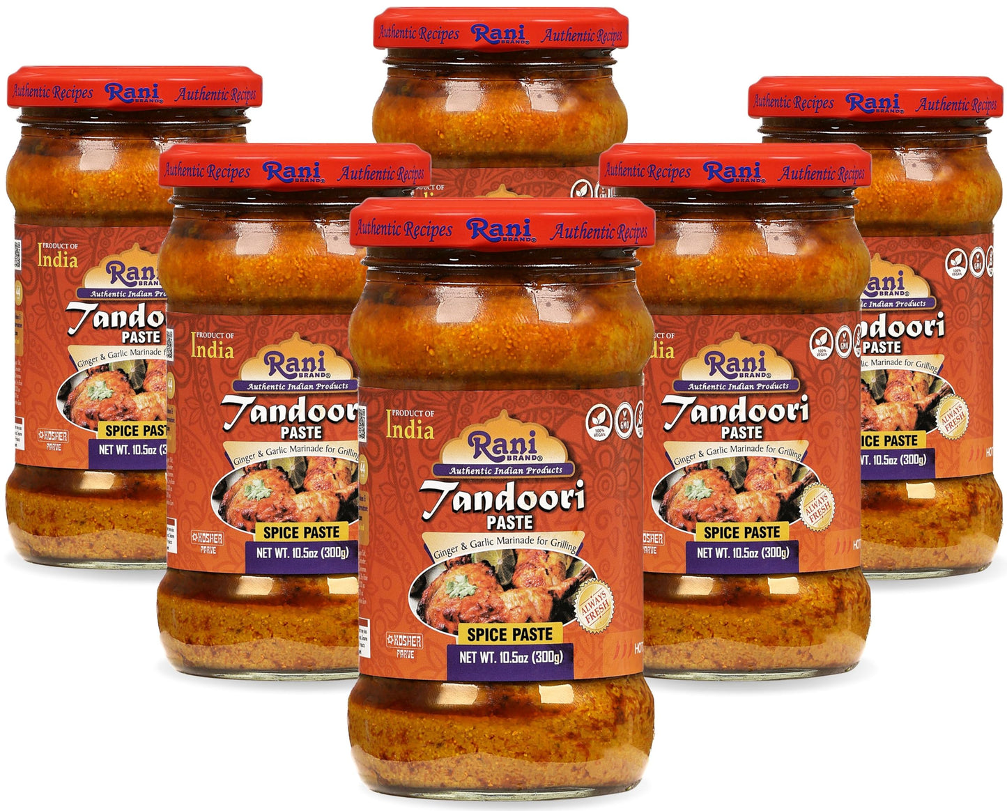Rani Tandoori Paste (No Colors) 10.5oz (300g) Glass Jar, Pack of 5+1 FREE ~ For Tandoori Chicken, Chicken Tikka, Paneer Tikka | All Natural | NON-GMO