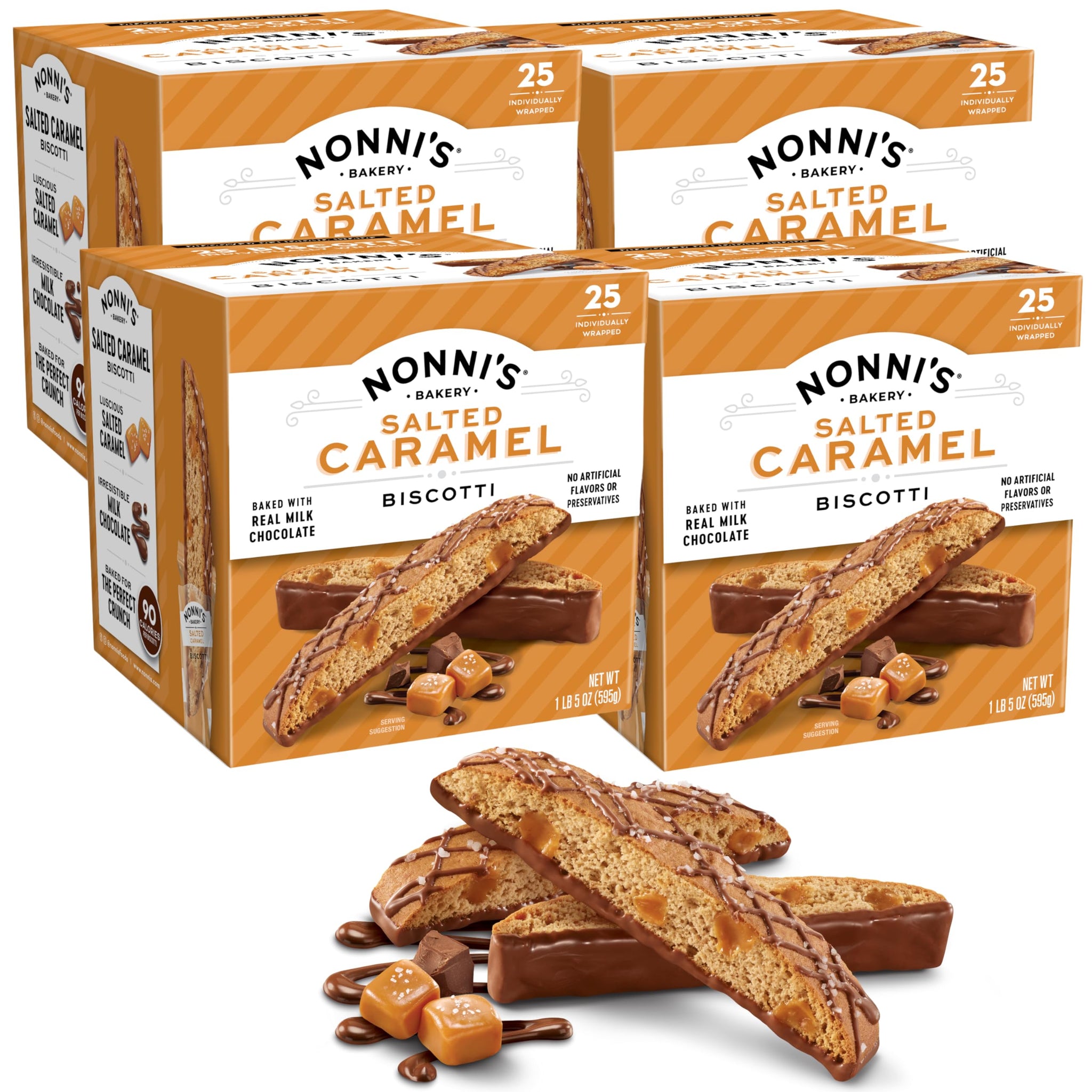 Nonni's Salted Caramel Milk Chocolate Biscotti Cookies - Individually Wrapped Italian Coffee Snack, Crunchy Twice-Baked, 90 Cal Each, 21 oz Carton, 4