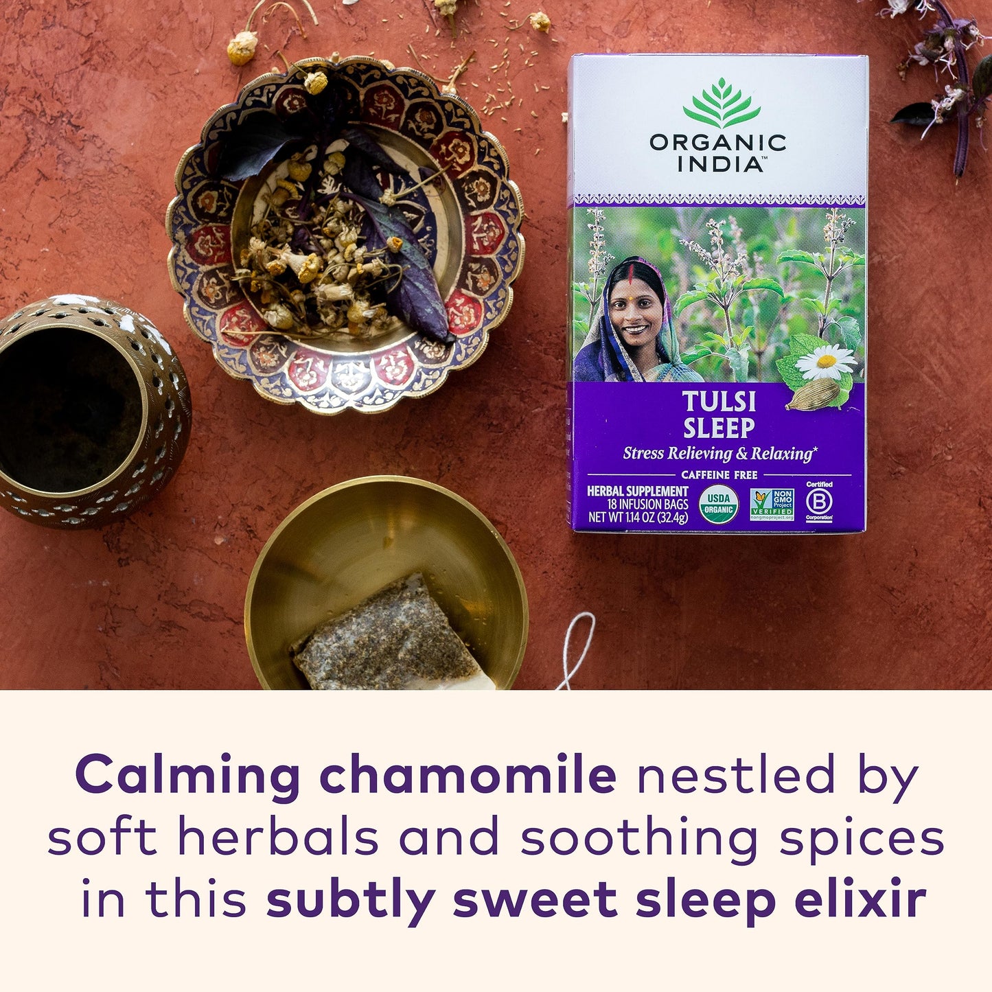 ORGANIC INDIA Tulsi Sleep Herbal Tea - Holy Basil, Ashwagandha, Chamomile, Night Time Tea for Bedtime, Stress Relieving & Relaxing, Immune Support