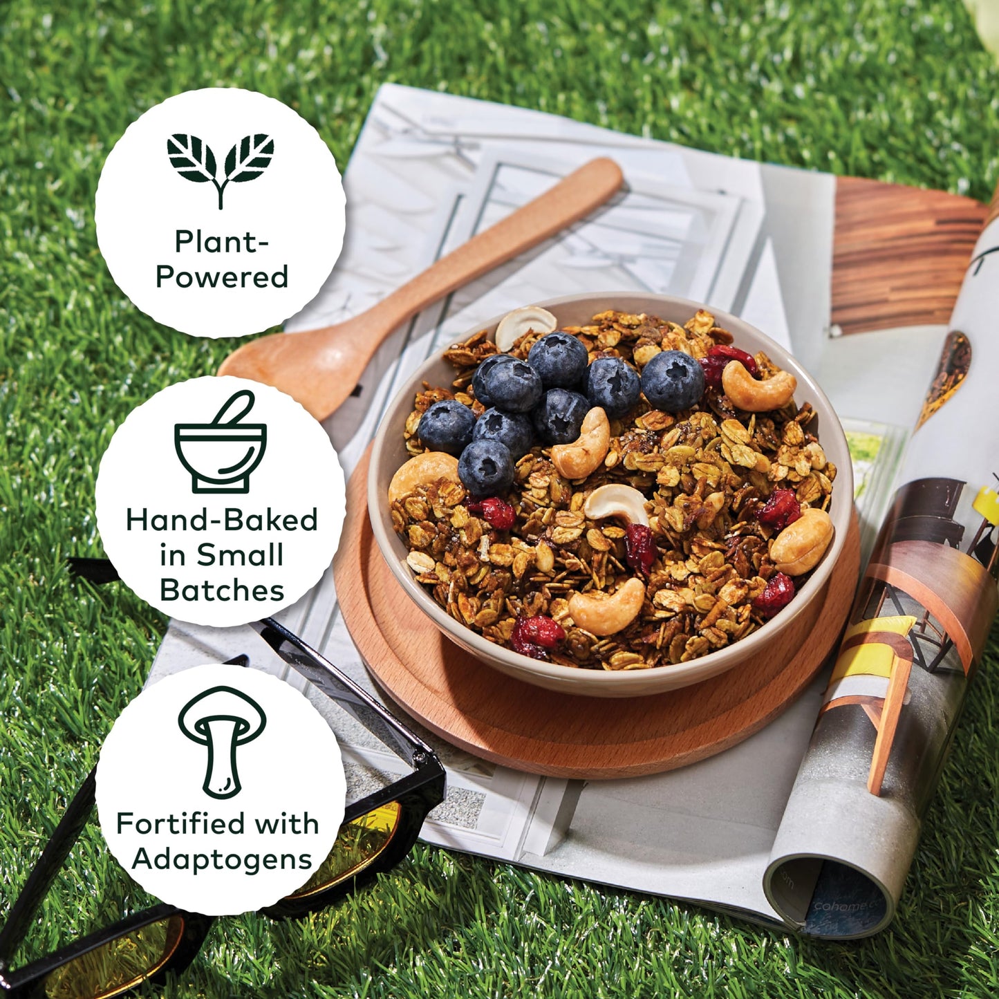 Matcha Green Tea Granola with Prebiotics | Natural, Hand-Baked, Reduced Sugar, Rich in Iron | for Breakfast Cereal, Trailmix, Yogurt, Snack Food |