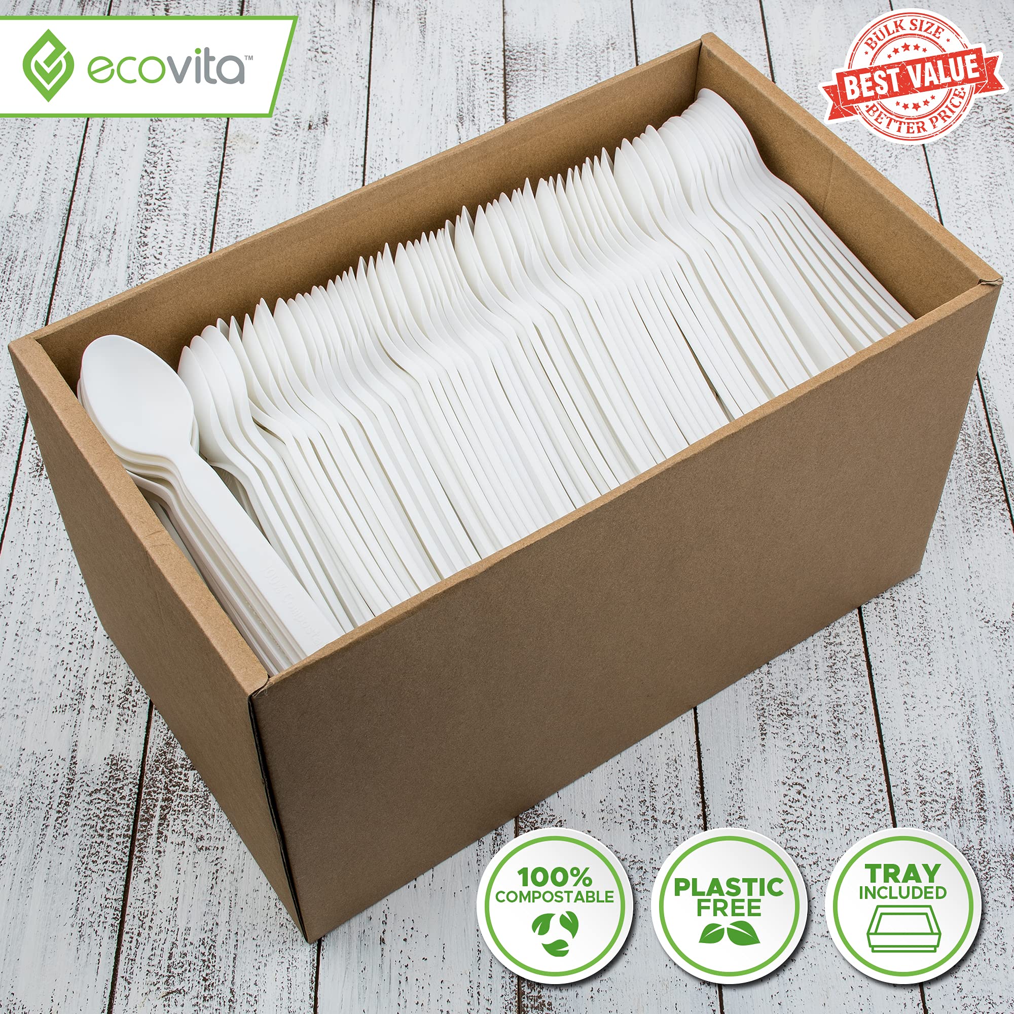 Ecovita 100% Compostable Spoons - 500 Large Disposable Utensils (6.5 in.) Bulk Size Eco Friendly Durable and Heat Resistant Alternative to Plastic