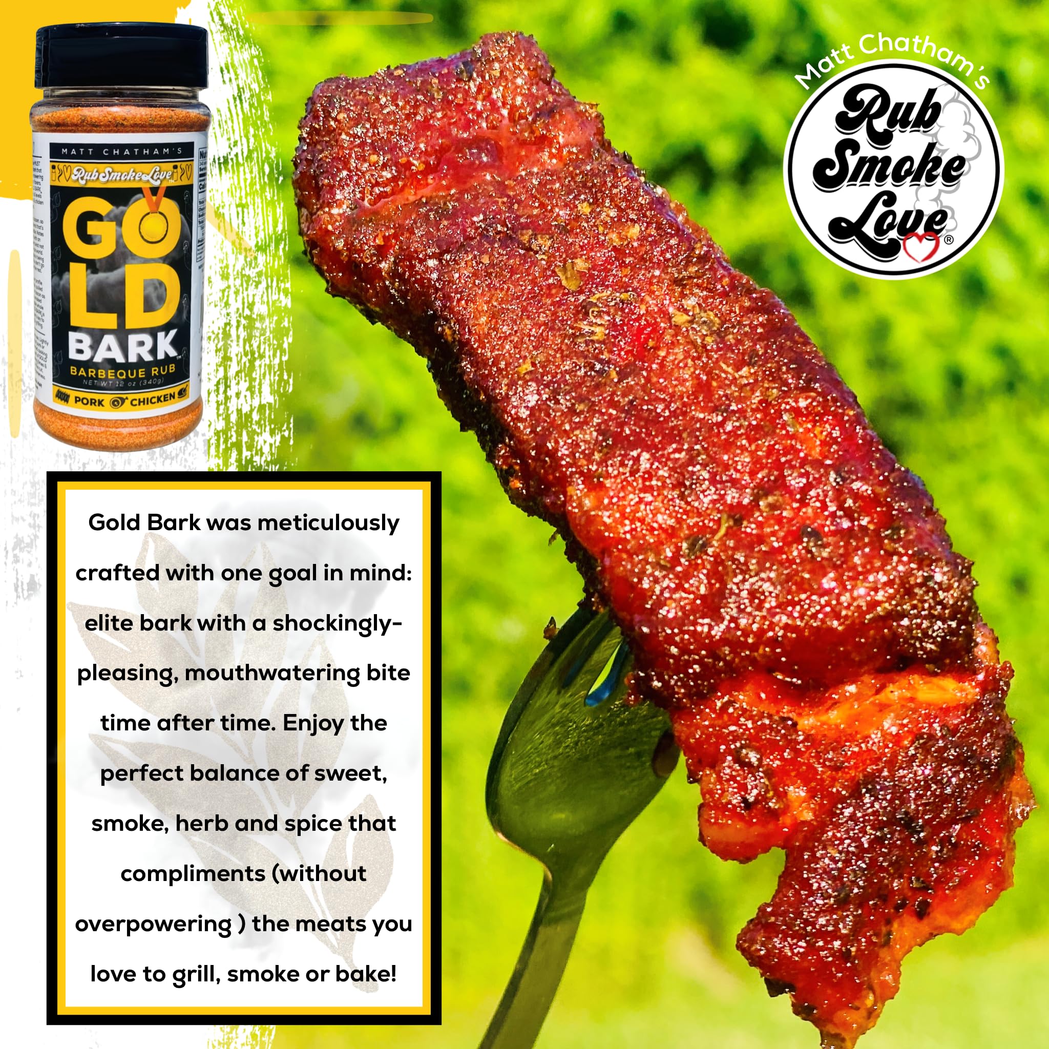 Rub Smoke Love Gold Bark BBQ Rub - All-Purpose Rub and Seasoning for Pork, Chicken and Fish - Perfect for Smoking and Grilling - Aromatic Sweet