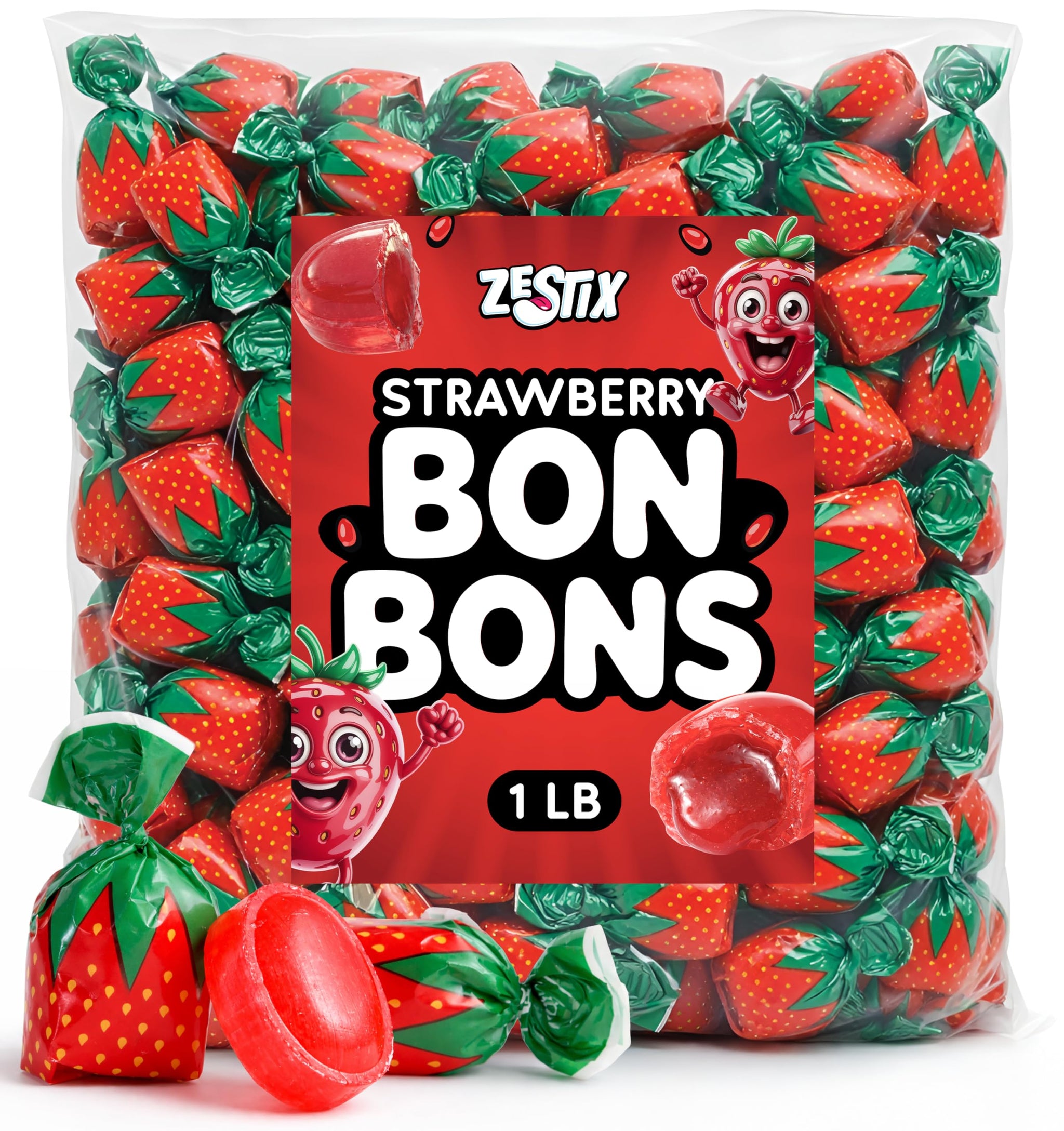 Strawberry Bon Bons Hard Candy, 1LB Bulk Bag - Individually Wrapped Old Fashioned Strawberry Filled Hard Candy with Soft Chewy Center, Classic Candy
