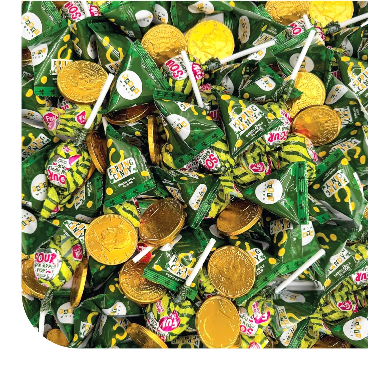 St Patrick's Day Candy Assortment - 3 Pound Bulk Pack - Milk Chocolate Gold Coins, Sour Apple Popping Rocks and Gum Filled Lollipops - Individually