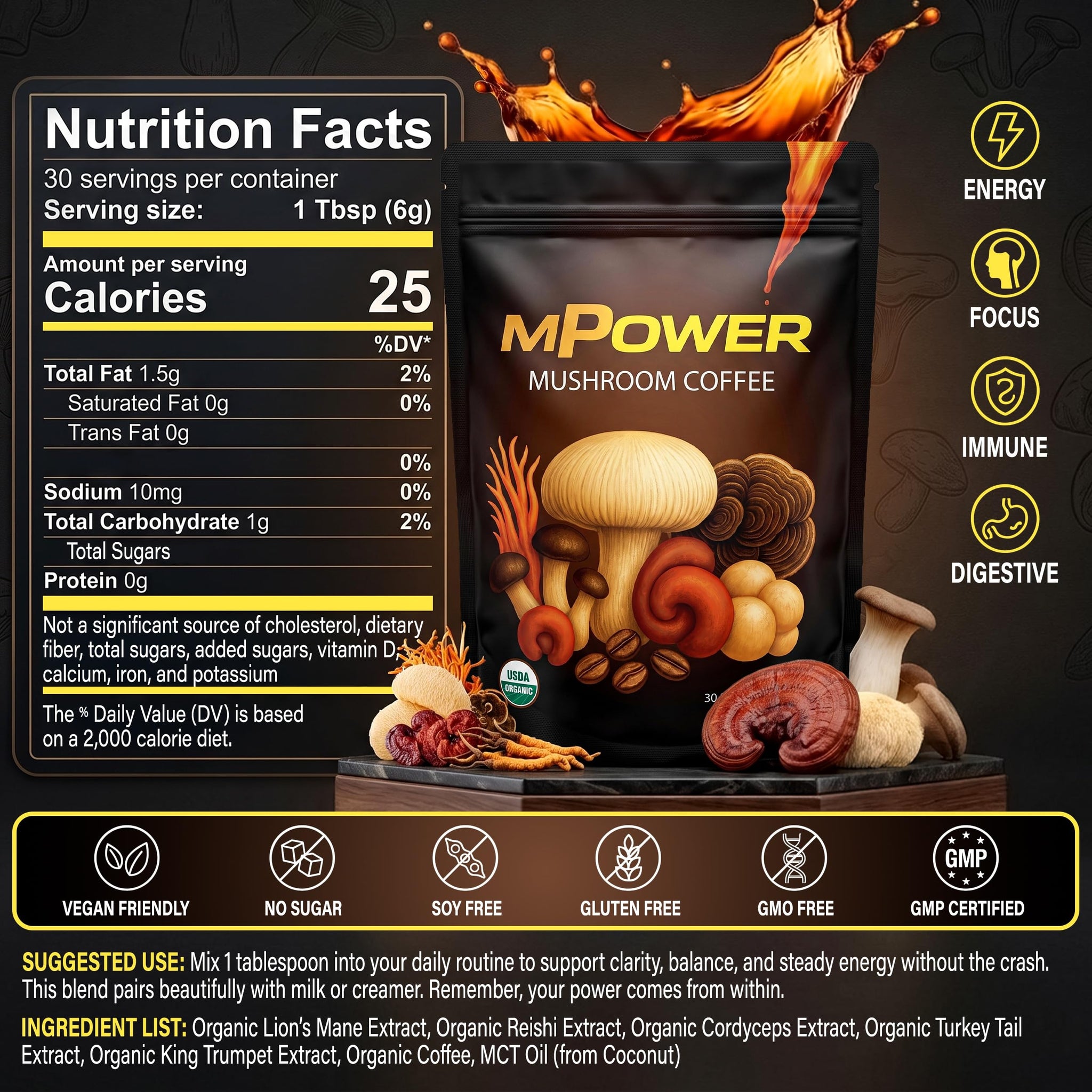FuelMPOWER Mushroom Coffee USDA Organic - Adaptogenic 6 Mushroom Blend with Lion’s Mane, Cordyceps, Reishi & Turkey Tail - Smooth Energy, Focus & No