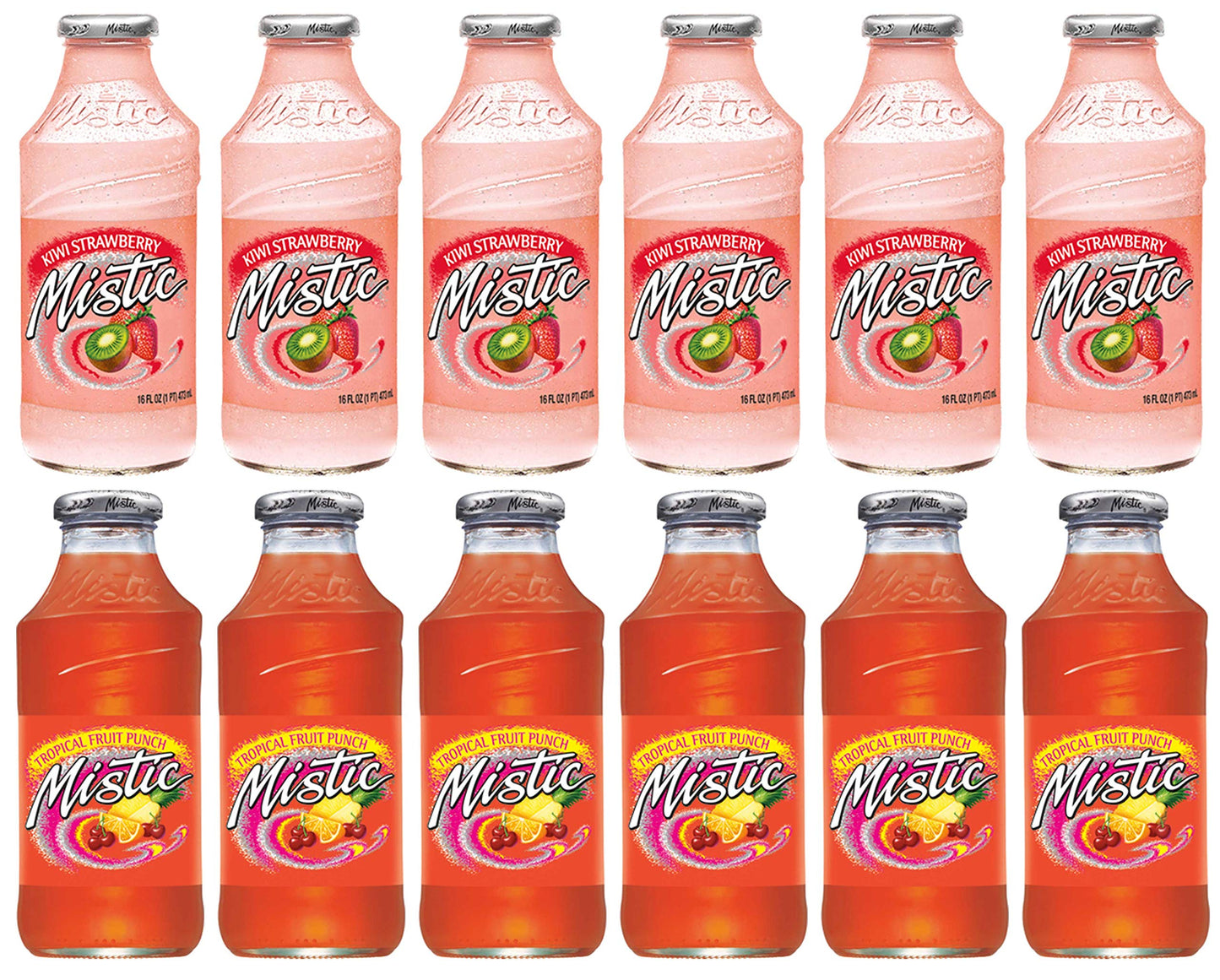 LUV-BOX Variety MISTIC JUICE DRINK pack , pack of 12 , 16 fl oz , Glass bottle , KIWI STRAWBERRY , TROPICAL FRUIT PUNCH