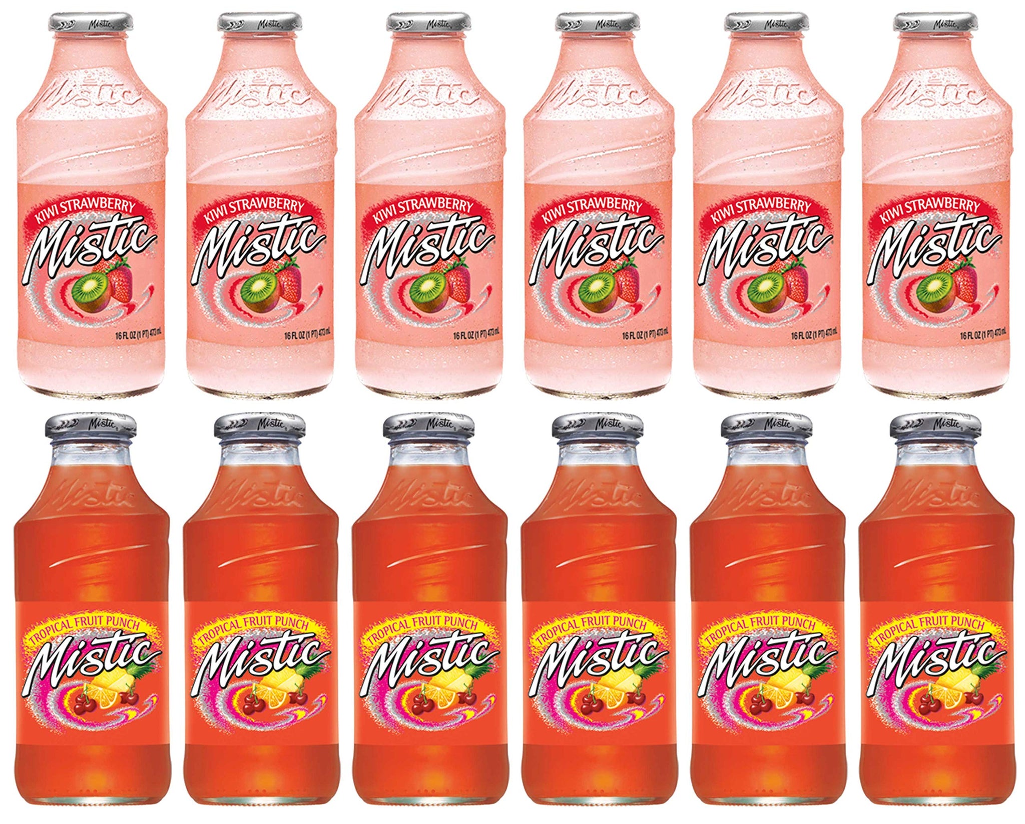 LUV-BOX Variety MISTIC JUICE DRINK pack , pack of 12 , 16 fl oz , Glass bottle , KIWI STRAWBERRY , TROPICAL FRUIT PUNCH