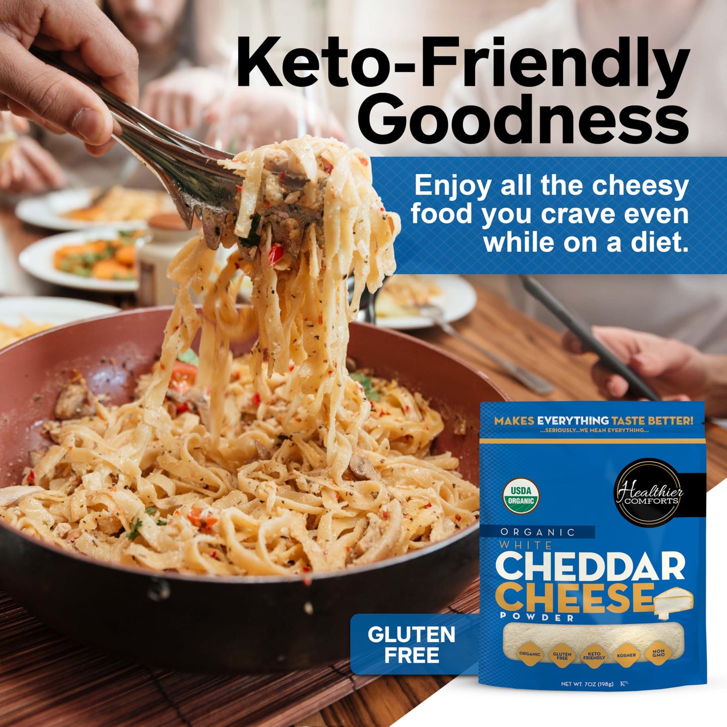 Healthier Comforts Organic White Cheddar Cheese Powder (0.44lb) | Gluten Free, Kosher, Keto-Friendly, Non-GMO, Antibiotic & Hormone Free | Perfect