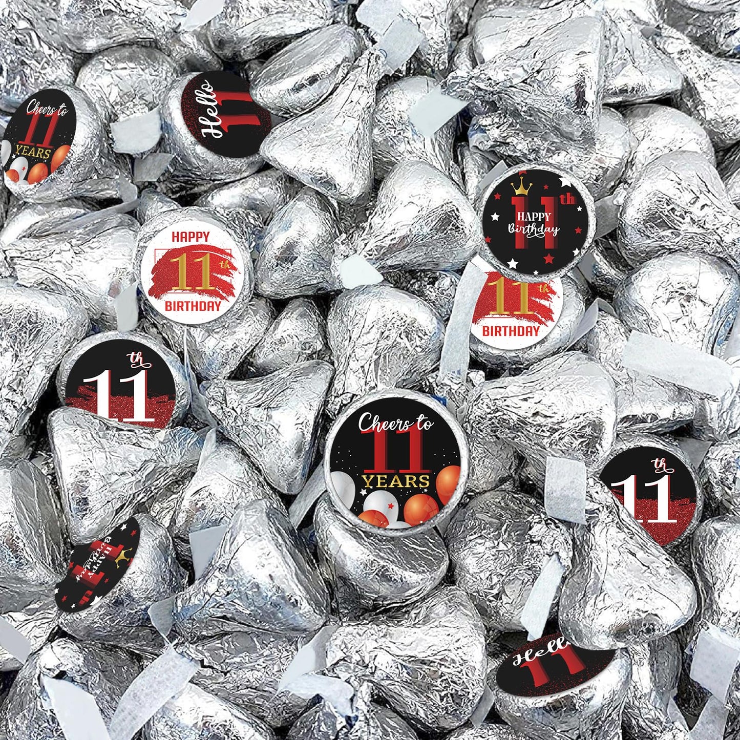 Happy 11th Birthday Party Favor Labels Chocolate Kisses Candy Stickers - Round Candy Sticker Party Favors - Black and Red - 150 Stickers