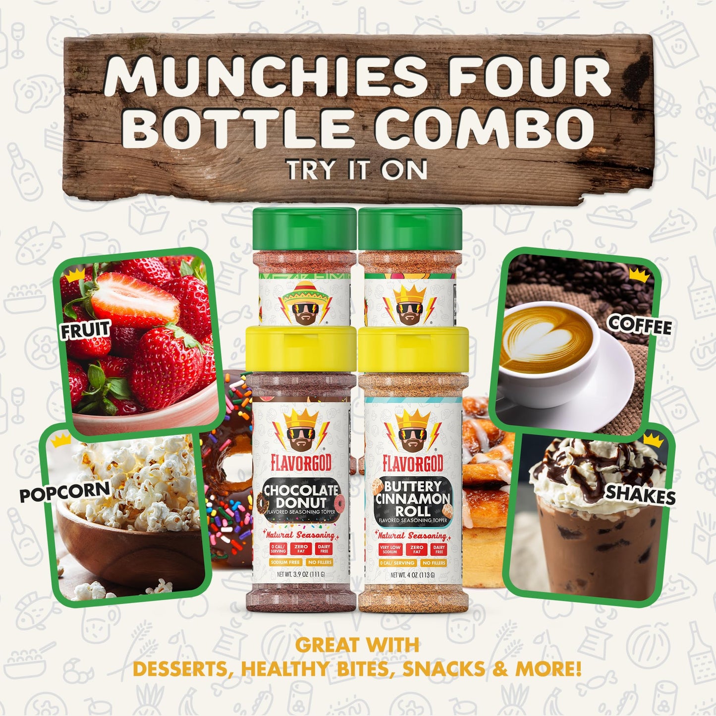Flavor God Munchies Combo Pack Of 4, Seasoning Gift Set, Taco Tuesday, Pizza, Buttery Cinnamon Roll, Chocolate Donut, Natural Healthy Spice Blend, Low