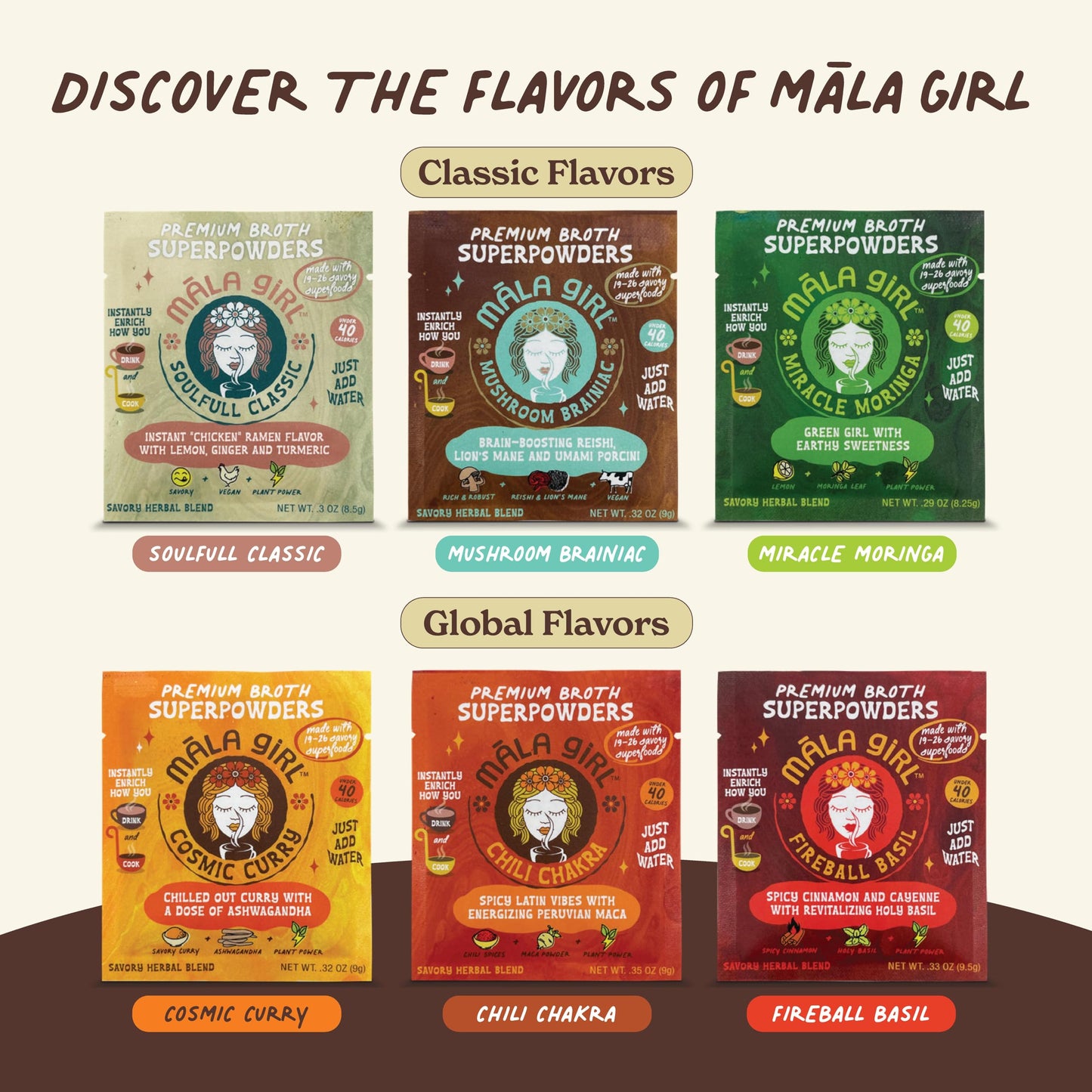 M?la Girl Plant-Based Broth Variety Pack, 6 Single-Serve Vegan Superfood Flavors for Broths, Instant Soup, & Ramen, Gluten Free, Soy Free, No MSG