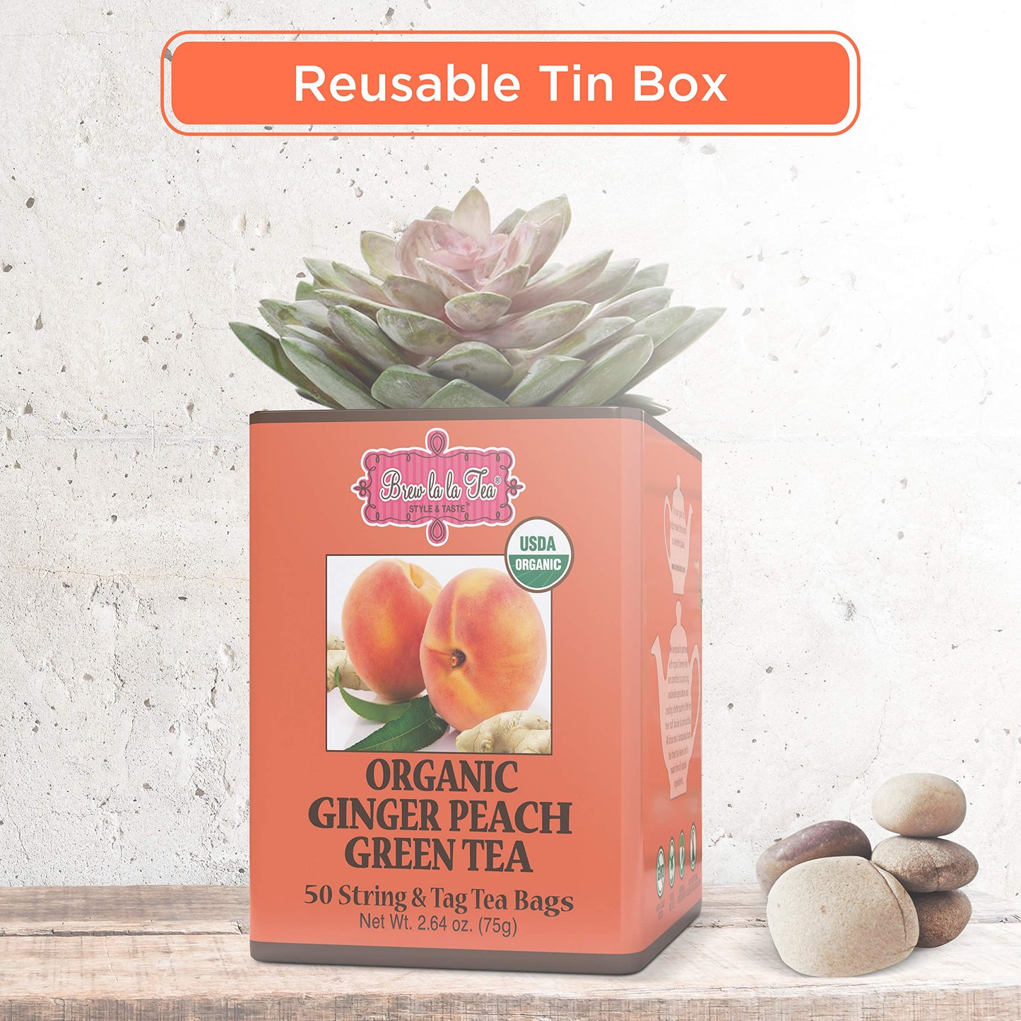 Brew La La Organic Green Tea - Natural Ginger Peach Flavor - 50 Double Chambered Tea Bags - Low Caffeine - USDA Certified Organic - NonGMO - Gluten