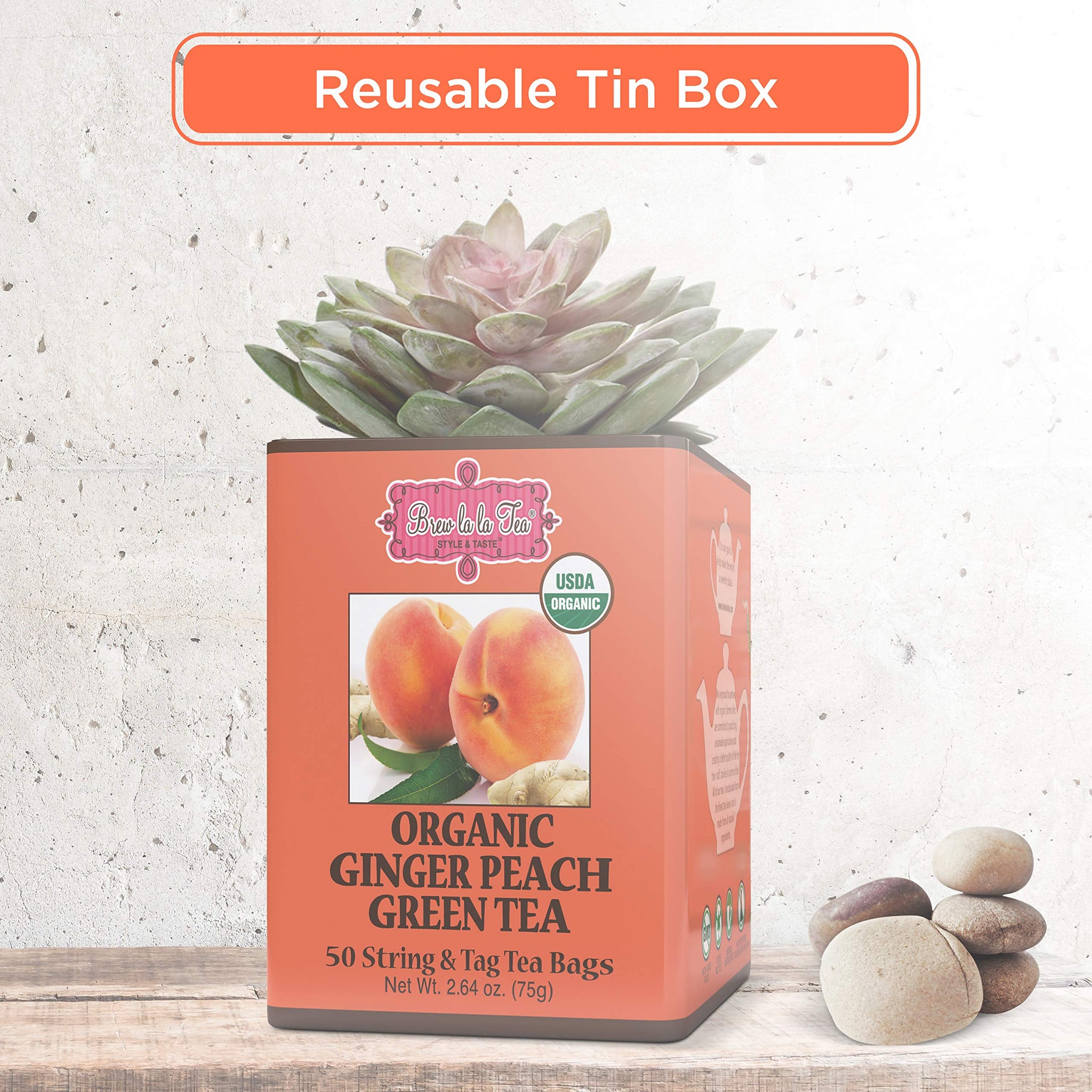 Brew La La Organic Green Tea - Natural Ginger Peach Flavor - 50 Double Chambered Tea Bags - Low Caffeine - USDA Certified Organic - NonGMO - Gluten