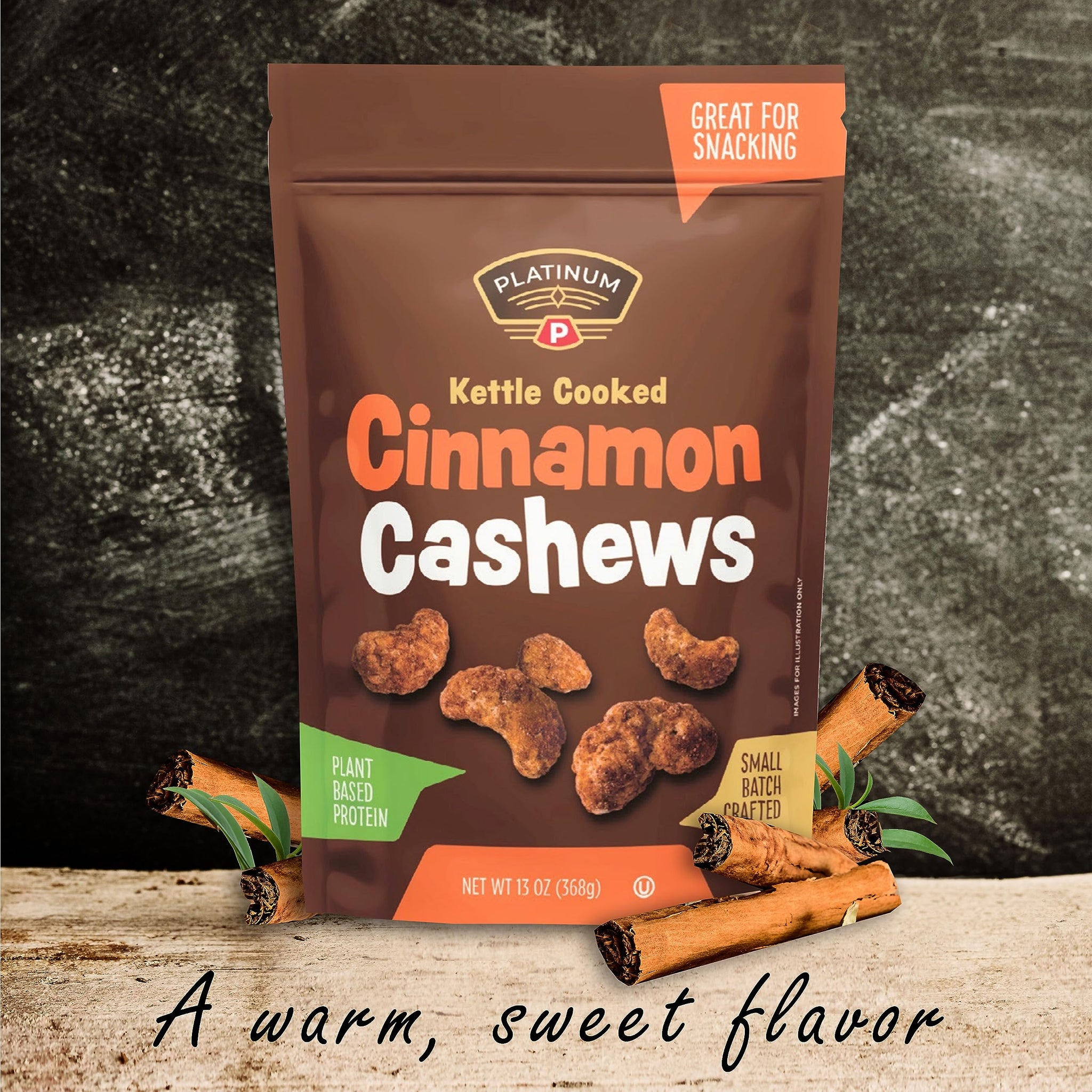 Platinum Kettle Cooked Cinnamon Cashews - Plant Based Protein, Fiber, Healthy Snack - Sweet & Spicy Flavors - Can Bring at Home, Work, Office, Gym