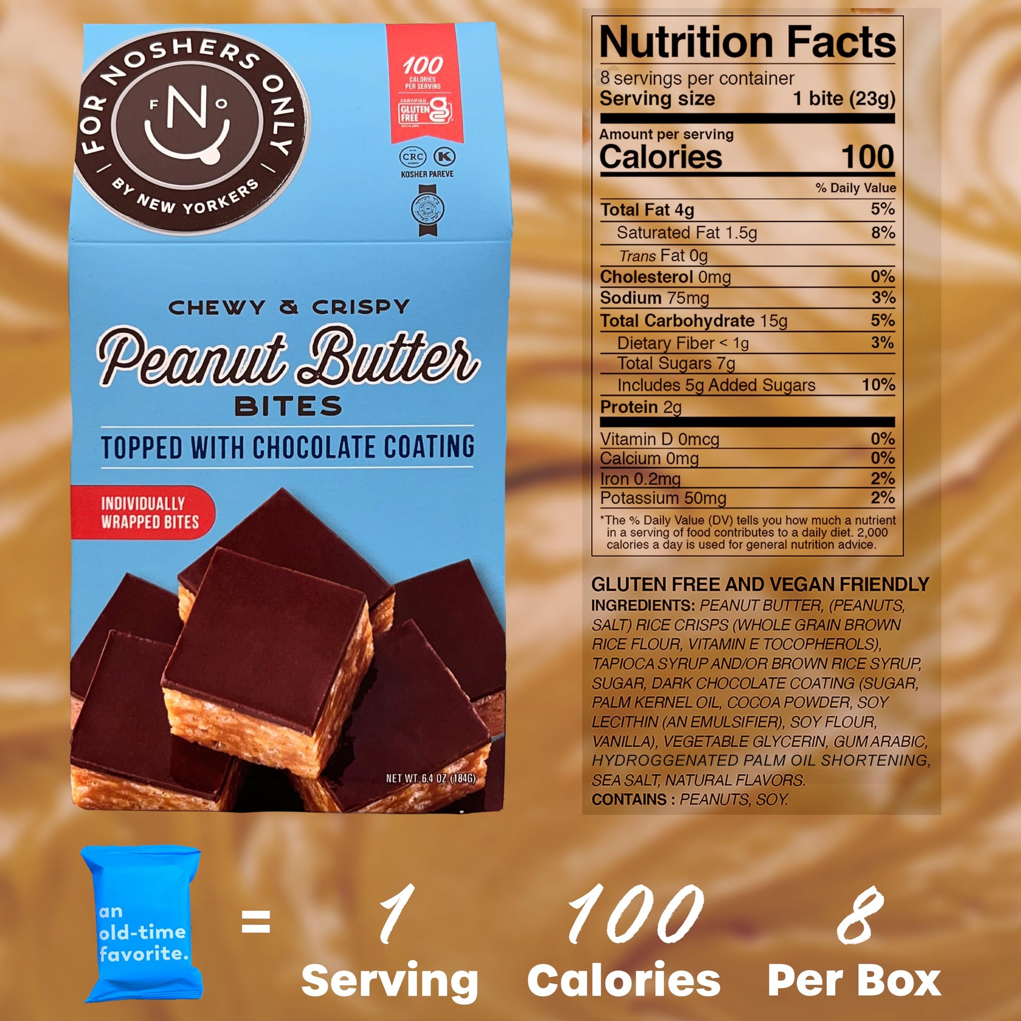 Peanut Butter Bites Topped with Chocolate Coating - Gluten Free - Vegan Friendly - 100 Calorie Snack - 8 Individually Wrapped Pieces - Non Dairy