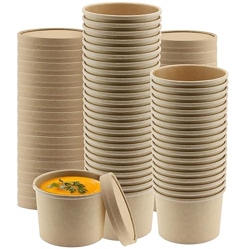 NYHI Kraft 50 Pack 12 oz Small Paper Bowls Soup Storage Containers With Lids Insulated Take Out Disposable Food Storage Cups For Hot Cold Foods To Go