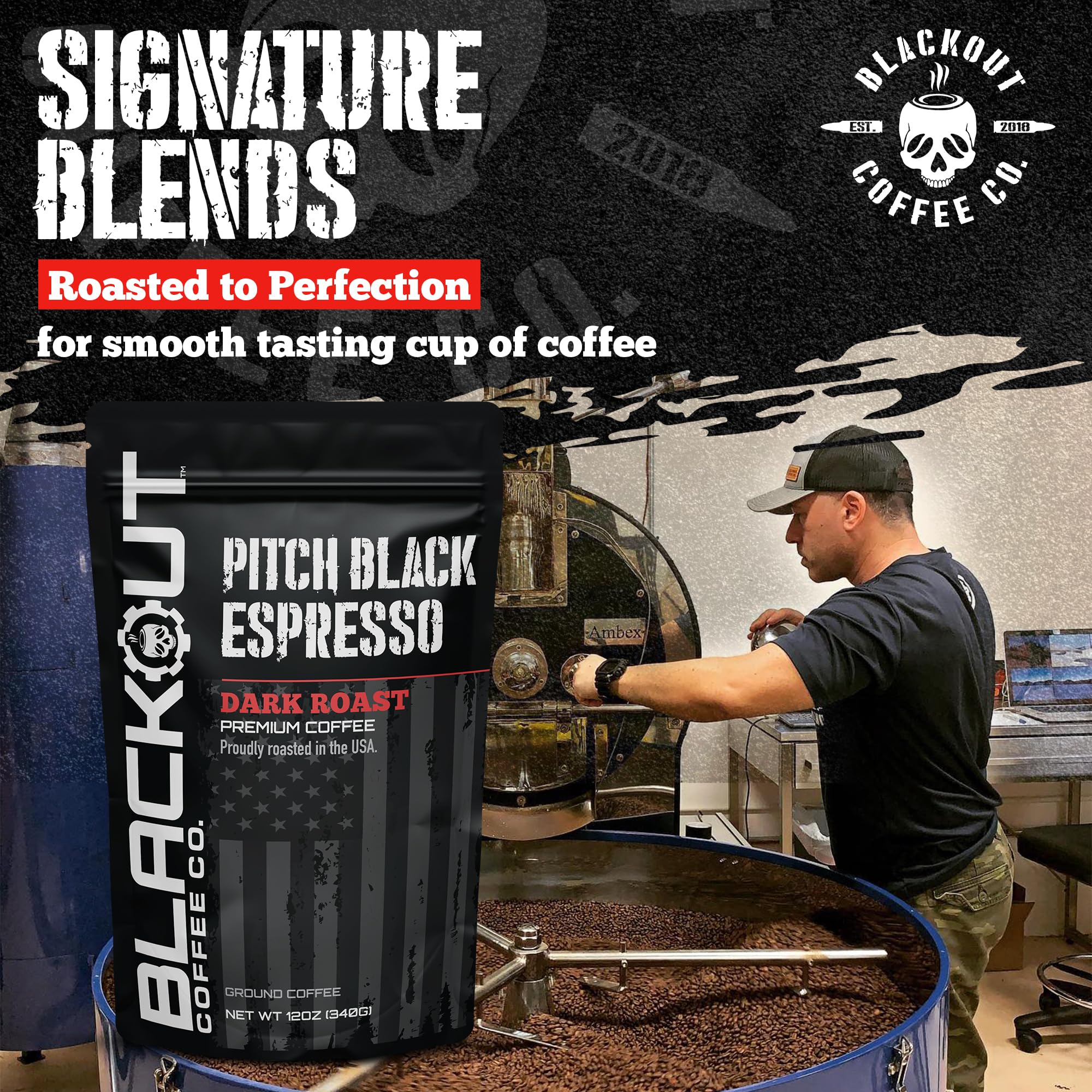 Blackout Coffee Pitch Black Espresso Ground Coffee - Extra Dark Roast, European-Style, Bold & Aromatic - Freshly Roasted 12oz Bag.