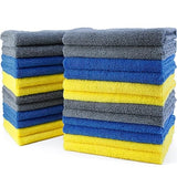 POLYTE Microfiber Cleaning Towel Ultrasonic Cut Edgeless (16x16, 24 Pack, Premium, Blue,Gray,Yellow)