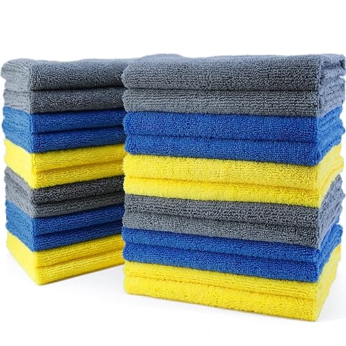 POLYTE Microfiber Cleaning Towel Ultrasonic Cut Edgeless (16x16, 24 Pack, Premium, Blue,Gray,Yellow)