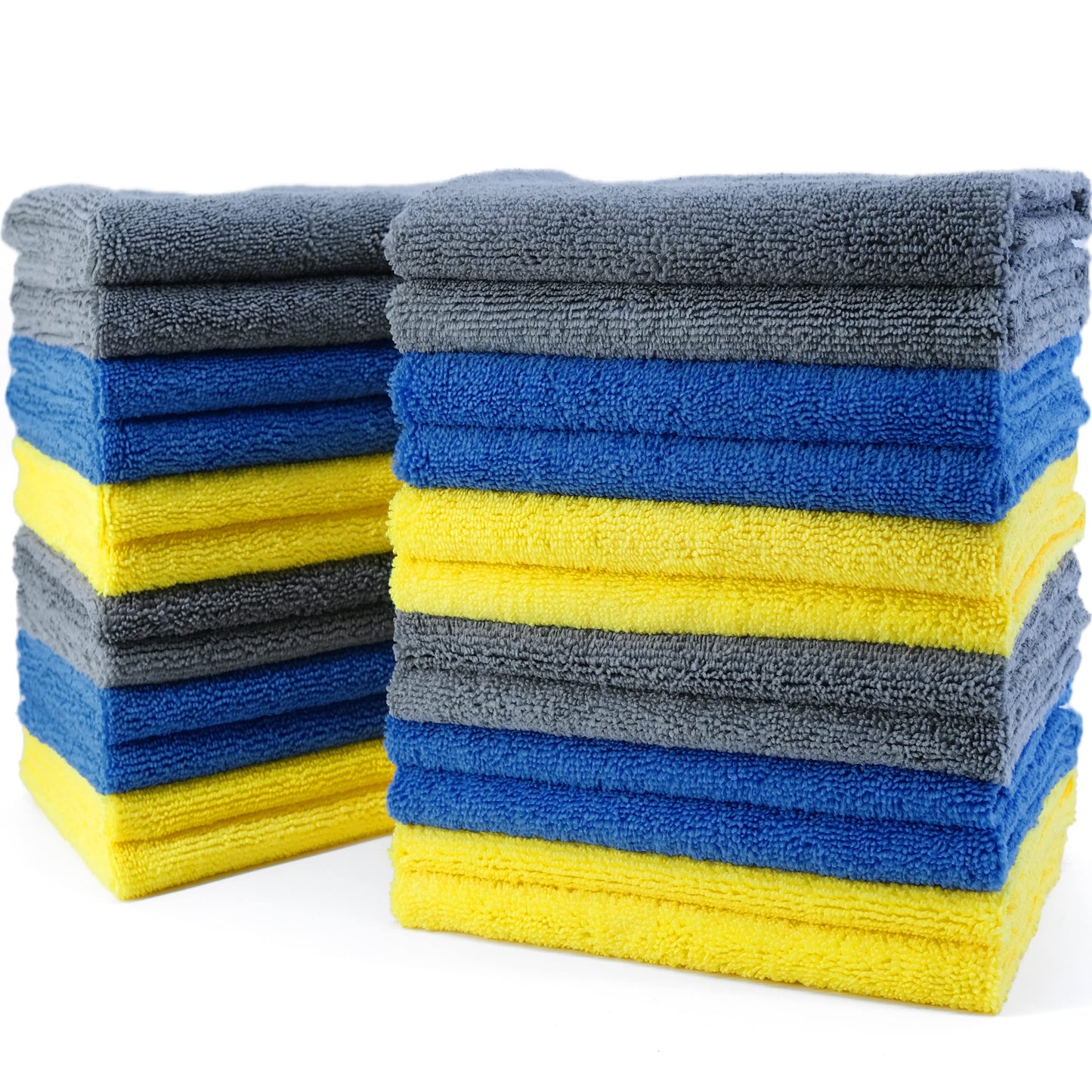 POLYTE Microfiber Cleaning Towel Ultrasonic Cut Edgeless (16x16, 24 Pack, Premium, Blue,Gray,Yellow)