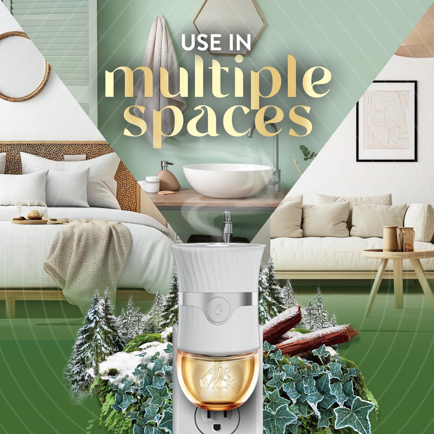 Air Wick Vibrant Plug in Scented Oil Refill, Infused with Essential Oils, Plug in Air Fresheners for Home, Winter Woods & Frosted Ivy, 5 ct