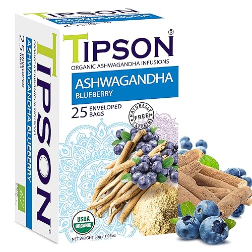 Tipson Organic Ashwagandha Infusions - Blueberry - Non GMO, Caffeine Free & Gluten Free - 25 Premium Tea Bags (Pack of 1)