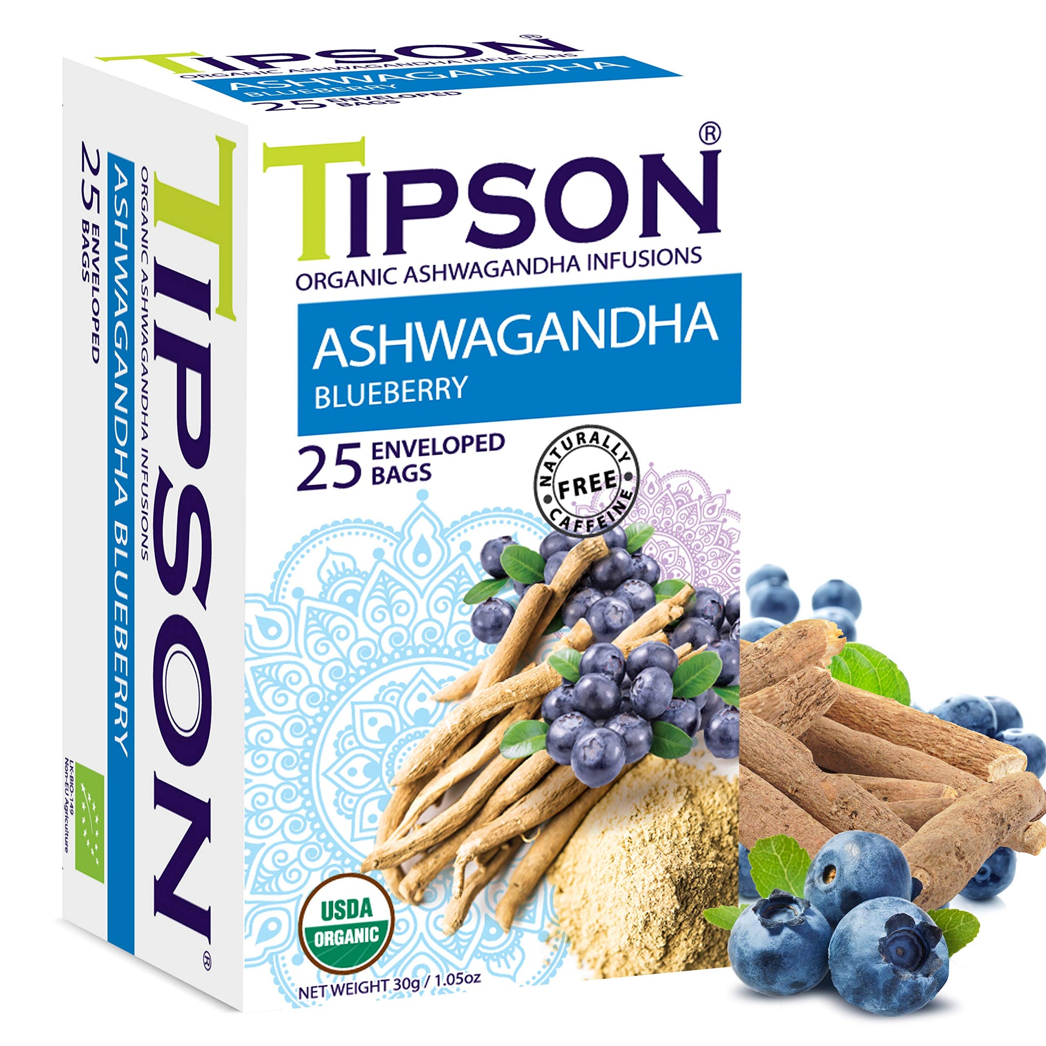 Tipson Organic Ashwagandha Infusions - Blueberry - Non GMO, Caffeine Free & Gluten Free - 25 Premium Tea Bags (Pack of 1)