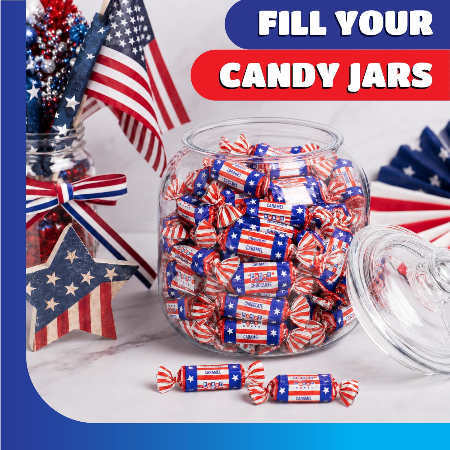 Patriotic Candy - 3 Pound Pack - Chocolate Flavored Caramels - 4th of July Candy Bulk - Individually Wrapped Red White and Blue Candies - Chocolate