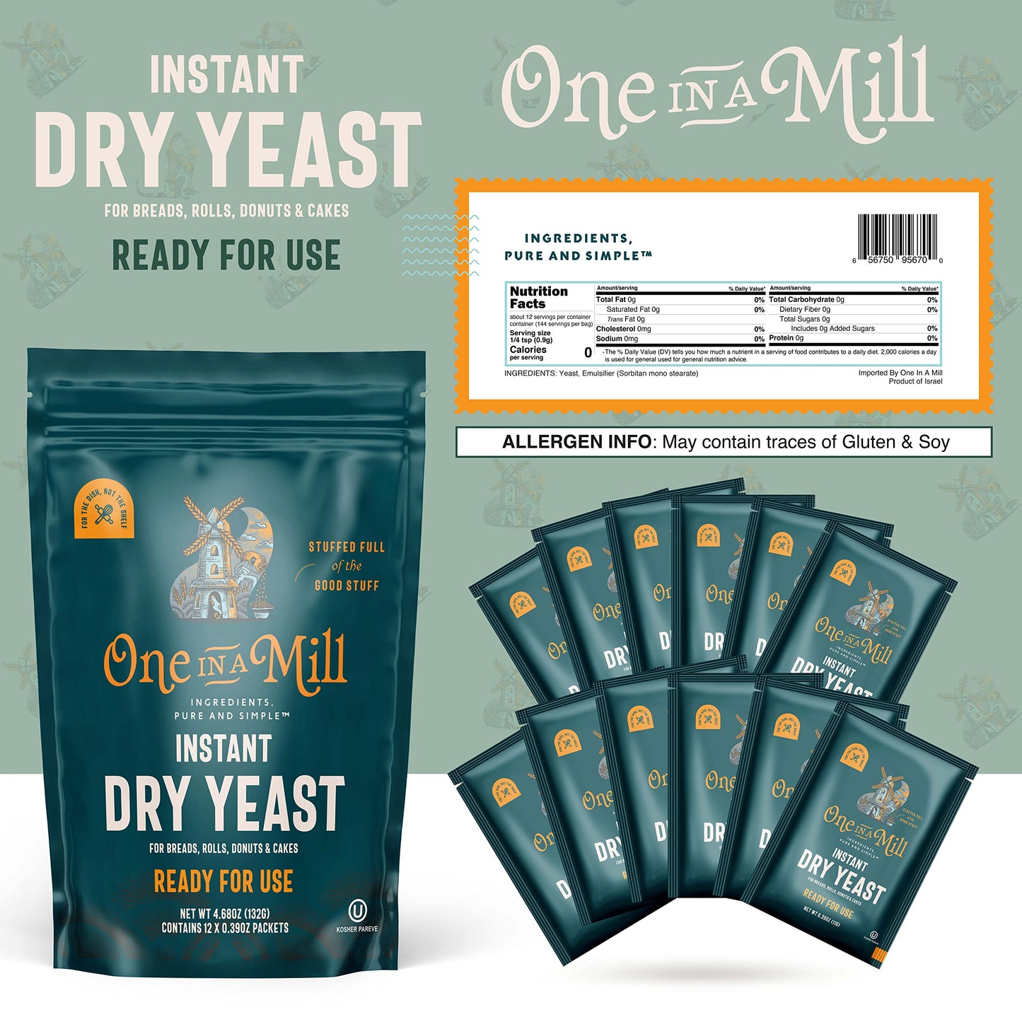 One in a Mill Instant Dry Yeast Packets | Fast Acting Self Rising Yeast for Baking Bread, Cake, Pizza Dough Crust | Kosher | Quick Rapid Rise