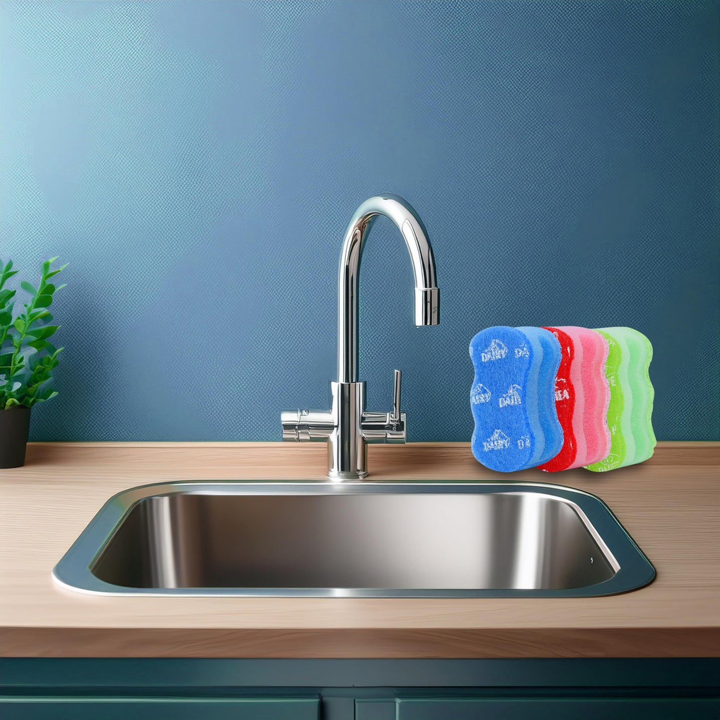 The Kosher Cook Parve Green Dishwashing Sponges, Easy Grip Wavy Absorbent Cleaning Scrub and Scouring Pad, Durable and Soft, Color Coded Home